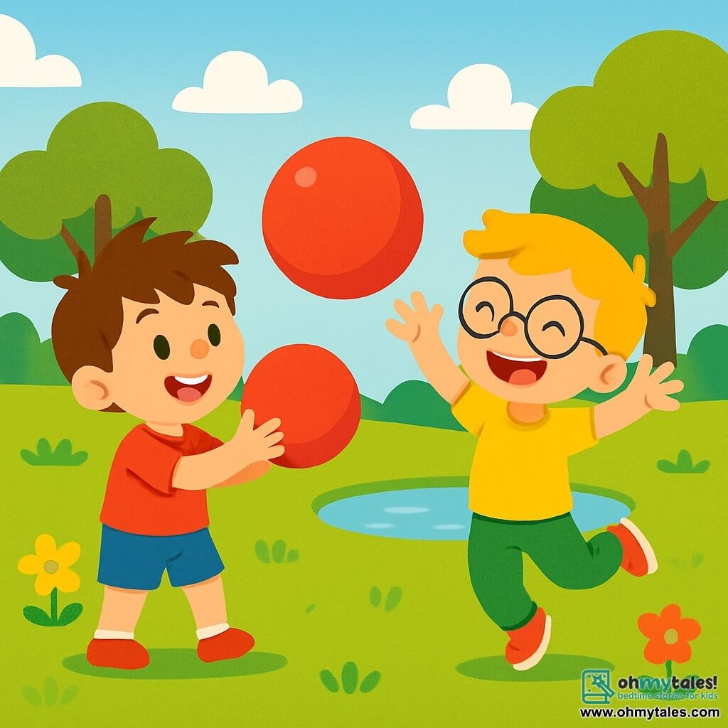 There are 2 main characters: - Timmy: a 5-year-old boy with messy brown hair, wearing a red t-shirt and blue shorts. He is cheerful and smiling, holding a large red balloon in his hands. - Sam: a 5-year-old boy with blonde hair and round glasses, dressed in a yellow t-shirt and green pants. He is laughing, ready to catch the balloon that Timmy is throwing to him. The setting is a sunny park filled with vibrant green grass and colorful flowers. In the distance, majestic trees with shiny leaves can be seen, and a clear blue sky dotted with fluffy white clouds. A small pond sparkles in the sunlight, adding a touch of magic to the environment. The main scene shows Timmy throwing his red balloon towards Sam, who is jumping to catch it. The two friends are surrounded by laughter and joy, illustrating their beautiful friendship in this bright and welcoming setting.