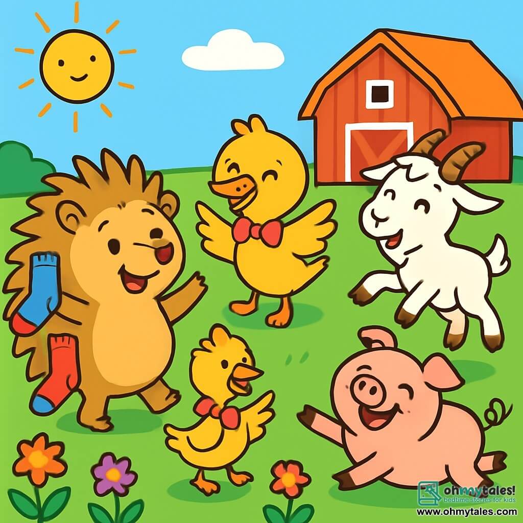 A small hedgehog named Harry, with a round body and golden spikes, smiles joyfully, his eyes sparkling with excitement. He wears a blue, red, and starry sock on his spikes while dancing on the green grass. Next to him, a playful hen named Daisy, with yellow feathers and a pretty pink bow, claps her wings. Benny, the little goat with white fur and curved horns, joyfully jumps with a hat on his head, while Penny, the little pink pig, rolls in the grass with a big smile. The scene takes place on a sunny farm, surrounded by colorful flowers and a bright blue sky. The animals are having a sock parade, laughing and singing together, creating an atmosphere of joy and camaraderie.