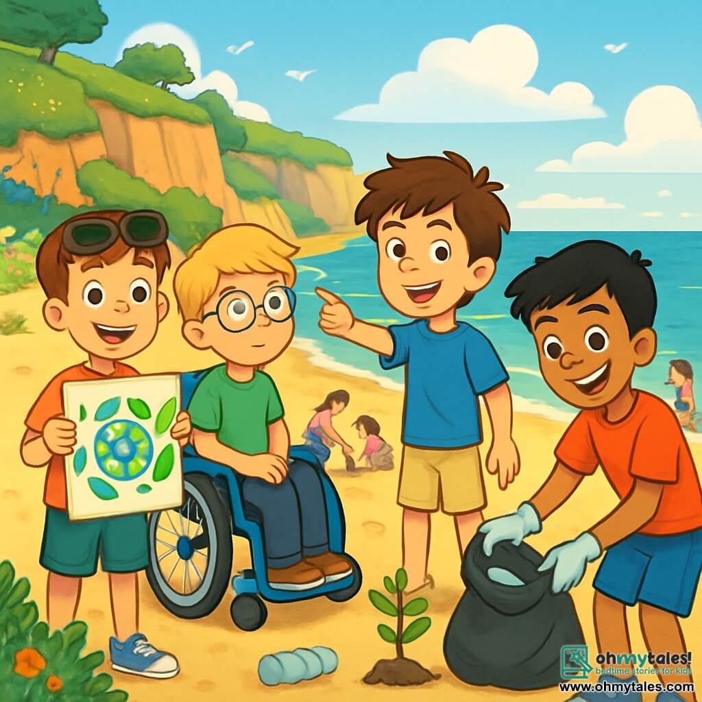There are four children: Max, an 11-year-old boy with messy brown hair and sparkling curious eyes, wearing a blue t-shirt and beige shorts, standing in the center, smiling and pointing towards the sea; Leo, a 10-year-old boy with round glasses and blonde hair, sitting in his wheelchair, dressed in a green t-shirt and black pants, looking thoughtfully at the beach; Sam, an athletic 11-year-old boy with black hair and a bright smile, to the right of Max, picking up trash on the sand, wearing a red t-shirt and blue shorts; and Alex, a 10-year-old boy with brown hair and sunglasses on his head, to the left of Leo, holding a colorful poster about environmental protection with an enthusiastic expression. The main setting is Sandy Cove, a beautiful beach with golden sand and gentle waves lapping the shore, backed by green cliffs with some trees and wildflowers adding color to the landscape. The blue sky is dotted with fluffy white clouds. The main situation shows the four friends cleaning the beach, picking up trash and planting trees to protect their environment, surrounded by families and children joining them, creating a joyful and collaborative atmosphere, all united to save their beautiful beach.