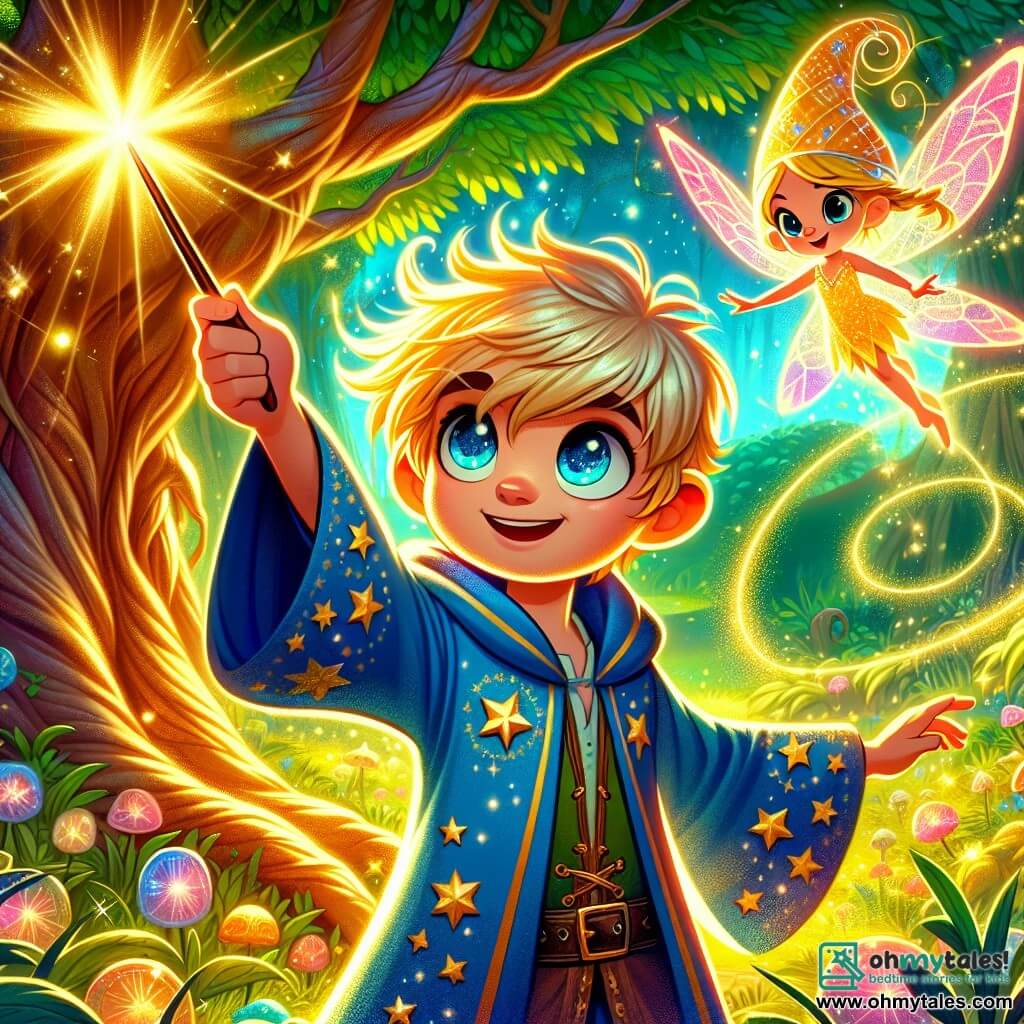 An 11-year-old boy named Theo is a wizard apprentice with messy brown hair and curious sparkling eyes. He wears a blue wizard robe adorned with golden stars, and his face shows determination mixed with wonder. He stands in front of the majestic Heartwood Tree, raising his wand to the sky, surrounded by a glowing light. Beside him, Lirael, a small glowing fairy with sparkling wings, floats in the air, her eyes bright with excitement, encouraging Theo with a warm smile. The setting is an enchanted glade bathed in golden light, where sun rays filter through the green leaves, creating dancing light patterns on the ground. The main scene shows Theo and Lirael united in a moment of magic, ready to defend the forest against approaching threatening shadows, the air vibrant with energy and mystery.