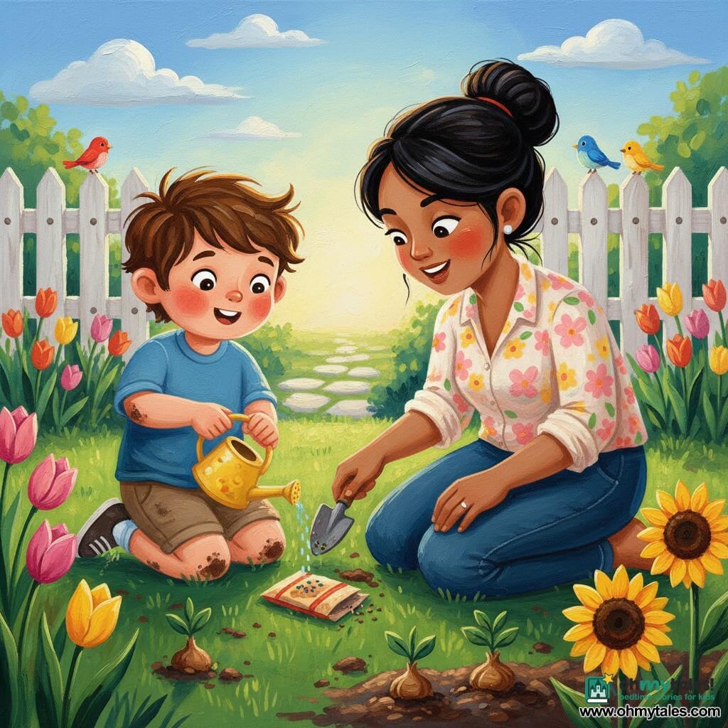 A delighted 4-year-old boy with messy brown hair and dirt on his knees holds a small yellow watering can, pouring water on a packet of seeds while his smiling, kind mother kneels beside him with her hair in a bun and a floral blouse, pointing where to dig with a small wooden trowel; tulip and sunflower bulbs and green shoots emerge from dark soil with a few pink and yellow blooms open, set in a bright spring garden with a green lawn, light stone path, blue sky with fluffy clouds and birds on a white wooden fence, the scene in vivid colors with thick acrylic texture and soft morning light.