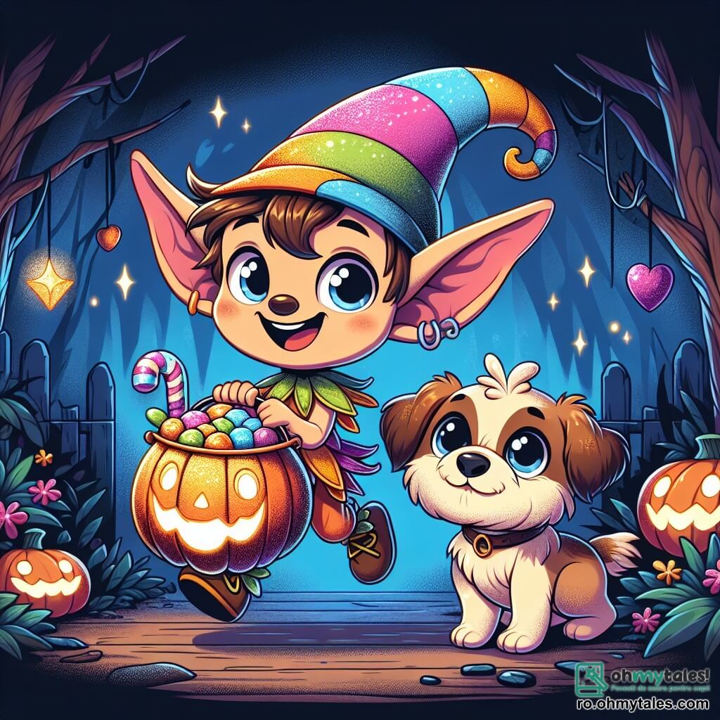 Un spiriduș mic pe nume Ralu, cu urechi mari și ascuțite și un zâmbet strălucitor, poartă un costum colorat de Halloween și ține un coș strălucitor plin cu bomboane. Este plin de entuziasm, sărind de bucurie în mijlocul pădurii. Lângă el, o cățelușă jucăușă pe nume Pippi, cu blana brună și ochii strălucitori de curiozitate, se uită în jur cu un amestec de uimire și teamă, ascunzându-se puțin în spatele lui Ralu. Scena are loc într-o pădure întunecată și misterioasă, iluminată de luna strălucitoare, unde copacii sunt împodobiți cu pânze de păianjen sclipitoare și unde felinarele din dovleci zâmbitori luminează calea. Ralu și Pippi se aventurează împreună, pregătiți să bată la o ușă decorată pentru Halloween, nerăbdători să descopere surprizele care îi așteaptă.