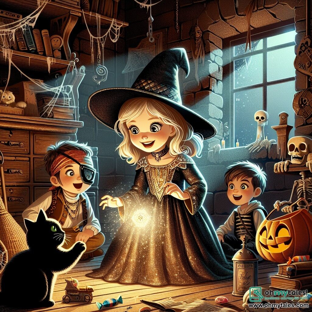 A 10-year-old girl, Lily, stands in the center of the image, wearing a sparkling witch costume with a pointed hat. Her face is lit up with a mix of excitement and curiosity, her bright eyes fixed on a glowing orb floating in front of her. Next to her, Max, a 10-year-old boy dressed as a pirate with a red bandana and a toy sword, looks at the orb with a blend of wonder and apprehension. Bella, another 10-year-old girl dressed as a black cat with pointed ears, smiles joyfully, holding a bag of candy in one hand and pointing at the orb with the other. The scene takes place in a dark, dusty room of an old haunted house, with worn wooden walls, cobwebs in the corners, and old toys scattered on the floor. A large antique mirror reflects the light from the orb, adding a magical ambiance to the atmosphere. Together, Lily, Max, and Bella discover the mysterious glowing orb, which transforms into a friendly ghost, creating a moment of surprise and joy as they prepare for an unforgettable Halloween adventure.