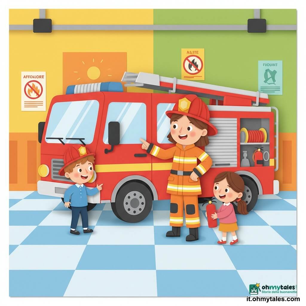 Clara è una pompiera sorridente e sicura, capelli castani sotto un casco rosso lucido, indica il grande camion con una mano sulla portiera; Marco, circa 7 anni, capelli corti castani e occhi meravigliati, sale sul gradino a sinistra; Sofia, circa 6 anni, capelli in coda e sorriso curioso, tiene un estintore giocattolo a destra vicino alla ruota; la caserma è ampia e luminosa con pavimento piastrellato, pareti colorate, poster di sicurezza e il camion rosso al centro con scale e tubi arrotolati; scena di apprendimento gioiosa con luce morbida, colori vivaci, texture da carta ritagliata e ombre semplici.
