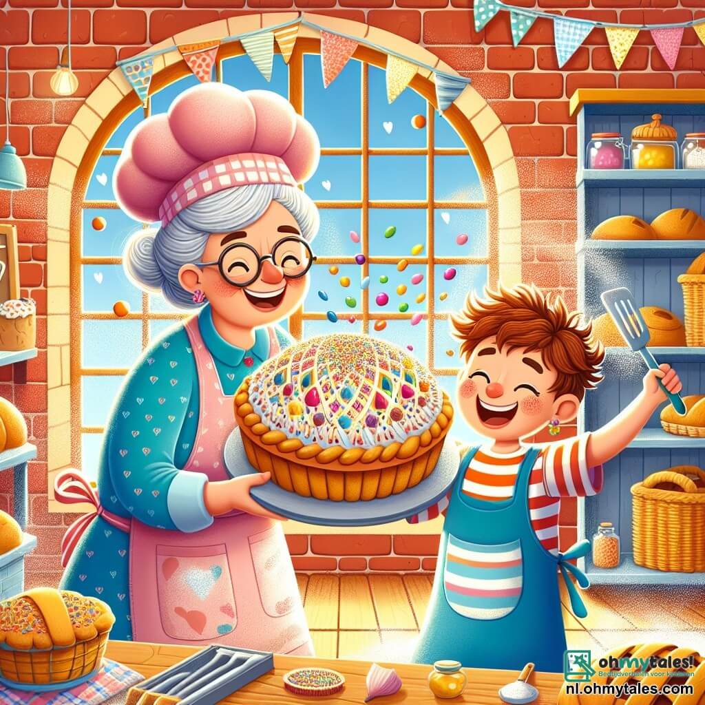 Mevrouw Klara is een vrolijke vrouw van ongeveer 50 jaar, met grijs haar in een knot en ronde brillen. Ze draagt een kleurr apron en een grote bakkershoed, terwijl ze trots glimlacht en een prachtige grote taart met kleurrijke sprinkles vasthoudt. Naast haar staat Max, een 8-jarig jongetje met rommelig bruin haar en nieuwsgierige ogen. Hij draagt een gestreept t-shirt en korte broek, en lacht terwijl hij een spatel vasthoudt, klaar om te helpen de taart te versieren. De scène speelt zich af in een charmante bakkerij met rode bakstenen muren, planken vol gouden broden en kleurrijke gebakjes, en een groot raam dat zonlicht binnenlaat en de kamer op warme wijze verlicht. De hoofd situatie toont Mevrouw Klara en Max die samen een grote taart versieren voor het dorpsfestival, omringd door een wolk van bloem en felle kleuren, wat de vreugde en vriendschap van hun samenwerking illustreert.