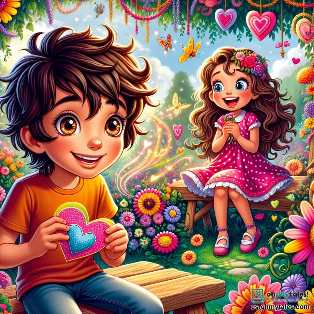 Un niño de 12 años, llamado Valentín, con el cabello castaño desordenado y ojos brillantes de curiosidad, está sentado en un banco de madera en un jardín encantado. Sonríe entusiasmado, sosteniendo una tarjeta colorida en forma de corazón en sus manos, rodeado de flores brillantes que parecen susurrarle secretos. A su lado, una niña de su edad, Lucía, con cabello largo y ondulado, vestida con un vestido rosa con lunares, ríe alegremente al mirar a Valentín. Ella sostiene otra tarjeta en forma de corazón, lista para dársela a un amigo. En el fondo, el jardín está lleno de flores multicolores, mariposas revoloteando y guirnaldas de corazones flotando en el aire, creando una atmósfera mágica y alegre. La escena captura el momento en que Valentín y Lucía preparan sus tarjetas para la gran fiesta de San Valentín, rodeados por la belleza del jardín.