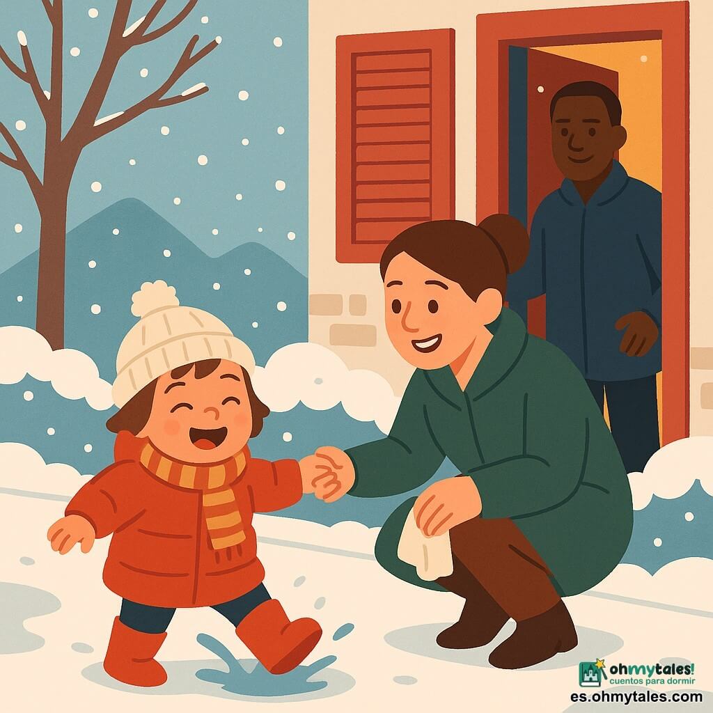 Niña de 2 años feliz y asombrada, rostro redondo, pelo castaño corto, mejillas rosadas, gran abrigo rojo, gorro crema con pompón, bufanda a rayas y botitas impermeables; pisa un charco de nieve derretida y ríe. Madre (unos 30 años) con sonrisa dulce, pelo recogido, abrigo verde oscuro, agachada junto a la niña sosteniéndole la mano derecha y un paño pequeño. Padre (unos 32 años), figura acogedora, abrigo azul marino, detrás abriendo la puerta de la casa con una mano y mirando con afecto a la niña. Calle de barrio nevada: acera blanca, pequeños montículos de nieve en el borde, un árbol desnudo con unos copos en las ramas, casa con contraventanas rojas y puerta de madera abierta que deja ver una luz interior cálida. Momento principal: escena íntima y sencilla de invierno: la niña ríe en la nieve derretida, la madre la protege y seca, el padre invita a entrar; colores cálidos sobre fondo frío, formas simples y legibles.