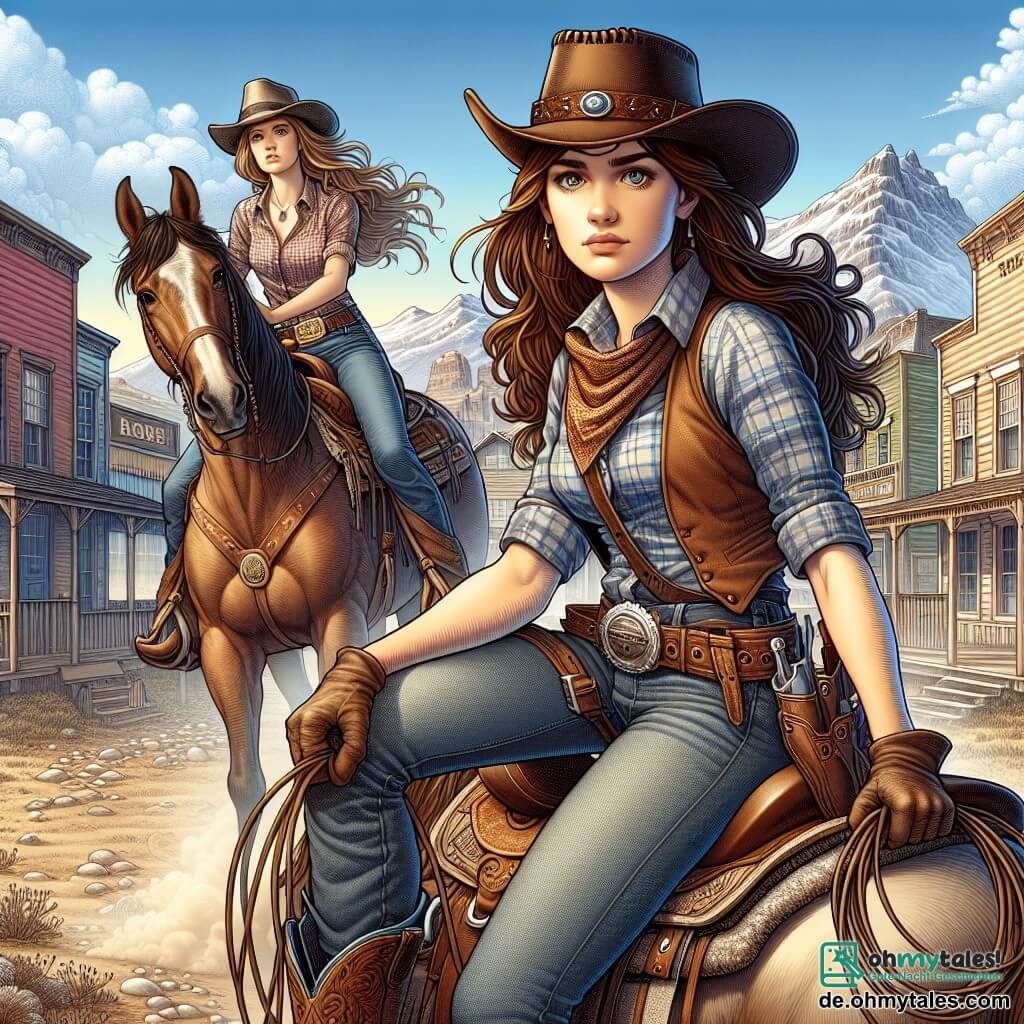 Im Zentrum des Bildes steht Emma, eine etwa 25-jährige Cowgirl, stolz auf ihrem Pferd, mit wehenden braunen Haaren im Wind. Sie trägt einen Cowboyhut, ein kariertes Hemd und eine abgewetzte Jeans, mit einem entschlossenen und mutigen Ausdruck, bereit, ihre Stadt zu verteidigen. Neben ihr steht Sarah, eine 20-jährige Frau mit langen blonden Haaren und einem besorgten Gesicht, die fest ein Lasso hält und nervös um sich schaut, leicht im Hintergrund, aber bereit zu handeln. Die Szenerie spielt in einer kleinen Stadt im amerikanischen Westen, mit bunten Holzbauten, einem strahlend blauen Himmel und majestätischen Bergen im Hintergrund. Der staubige Boden ist mit Steinen übersät und die Sonne strahlt hell, wodurch lange und dramatische Schatten entstehen. Die Hauptsituation zeigt Emma und Sarah, die sich darauf vorbereiten, ihre Stadt gegen eine Bande von Banditen zu verteidigen, die zu Pferd naht, während die anderen Stadtbewohner sich hinter ihnen versammeln, bereit, gemeinsam für ihr Zuhause zu kämpfen.
