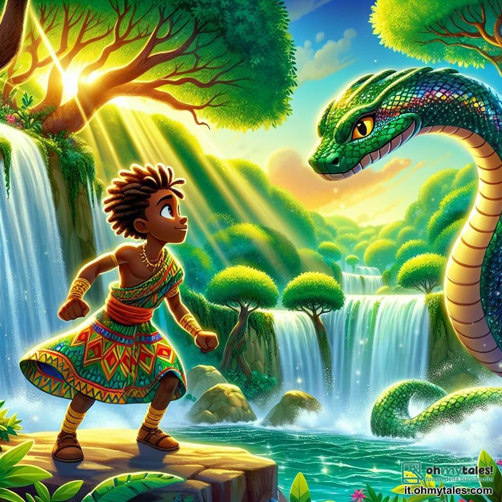 Kofi, un giovane uomo africano di circa 20 anni, si trova ai bordi di una grande cascata, con gli occhi brillanti di determinazione ed eccitazione. Ha la pelle di un caldo marrone, capelli ricci e indossa un abito tradizionale colorato, decorato con motivi africani. Guarda con coraggio il serpente gigante che si erge davanti a lui, pronto ad affrontare una sfida. Il serpente, con squame scintillanti di colori iridescenti, è maestoso e imponente, mentre si muove attorno alle rocce, con uno sguardo saggio e misterioso. Sullo sfondo, la foresta lussureggiante si estende, piena di alberi verdi e fiori vivaci, mentre il sole brilla attraverso le foglie, creando giochi di luce. Il rumore dell'acqua che cade risuona nell'aria, aggiungendo un'atmosfera magica alla scena. Kofi si prepara a risolvere l'enigma del serpente, un momento cruciale della storia in cui deve dimostrare il suo amore per la natura e salvare la foresta.