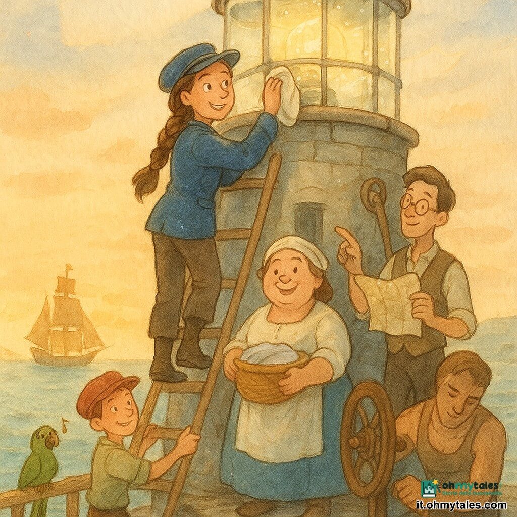 La scena ritrae la capitana Maris, determinata e sorridente, capelli castani in lunga treccia, giacca blu consumata, in piedi su una scala di legno mentre pulisce le grandi lenti del faro con un panno umido; il ragazzo Nino di circa 12 anni, piccolo e vivace con una coppola rossa, tiene la corda della scala sotto di lei; Lalla, cuoca intorno ai 40 anni, rotonda e ridanciana, sorride tenendo un cesto di biancheria all'ingresso del faro; Piripì, cartografo sui 30 anni, magro con occhiali tondi, mostra una mappa e indica una carrucola sulla piattaforma di legno a destra; Manu, alto e muscoloso verso i 35, con imbracature, ripara una ruota di metallo con una chiave inglese accanto a una botola aperta; il mercante Aureo, circa 50 anni con barba parzialmente dorata posticcia, sta sul molo bagnato a braccia conserte osservando con aria dolce; il vecchio pappagallo Geco, verde, è appollaiato sul parapetto gridando una nota gioiosa. Il faro è antico in pietra grigia con grandi lenti mobili, alghe sulle scale e scogli neri bagnati; piccole onde turchesi schizzano e al largo si vede la brigantina Zafferano a vele ocra in una baia dorata al tramonto. Situazione principale: riparazione collettiva del faro sotto una luce morbida, atmosfera di lavoro di squadra, gesti precisi, attrezzi di rame lucenti e gocce d'acqua che scintillano come perle, volti concentrati ma fiduciosi.