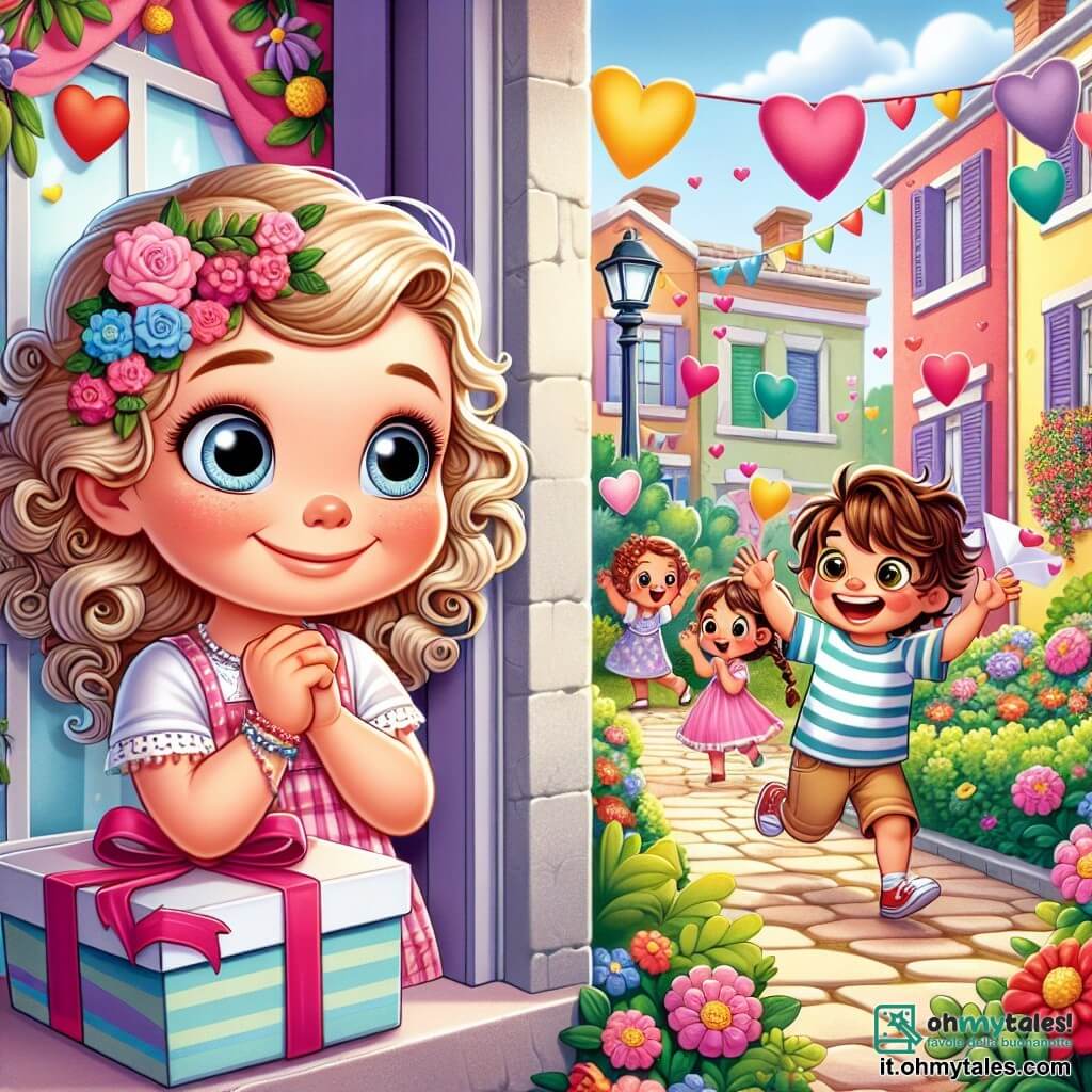 Una bambina di 6 anni, Sofia, con capelli biondi e ricci, grandi occhi curiosi e un sorriso malizioso, si trova davanti a una finestra. Guarda con stupore una scatola colorata posata davanti alla sua porta, con le sopracciglia leggermente aggrottate, mostrando un'espressione di curiosità mista a intrigo. All'esterno, Marco, un ragazzo di 6 anni con capelli castani disordinati e una maglietta a righe, tiene in mano dei cuori di carta, ridendo con Lulù, una bambina di 5 anni con capelli castani e trecce, che indossa un vestito rosa. Stanno giocando nel giardino, circondati da fiori colorati e palloncini fluttuanti, mentre lanciano cuori di carta in aria. Il luogo è un quartiere residenziale soleggiato, con case dalle facciate colorate, giardini fioriti e alberi verdi. La scena trasmette un'atmosfera gioiosa e festosa, con decorazioni di San Valentino appese ovunque. Sofia, incuriosita dalla scatola misteriosa, esita a uscire per unirsi ai suoi amici, chiedendosi cosa possa contenere questo regalo inaspettato.