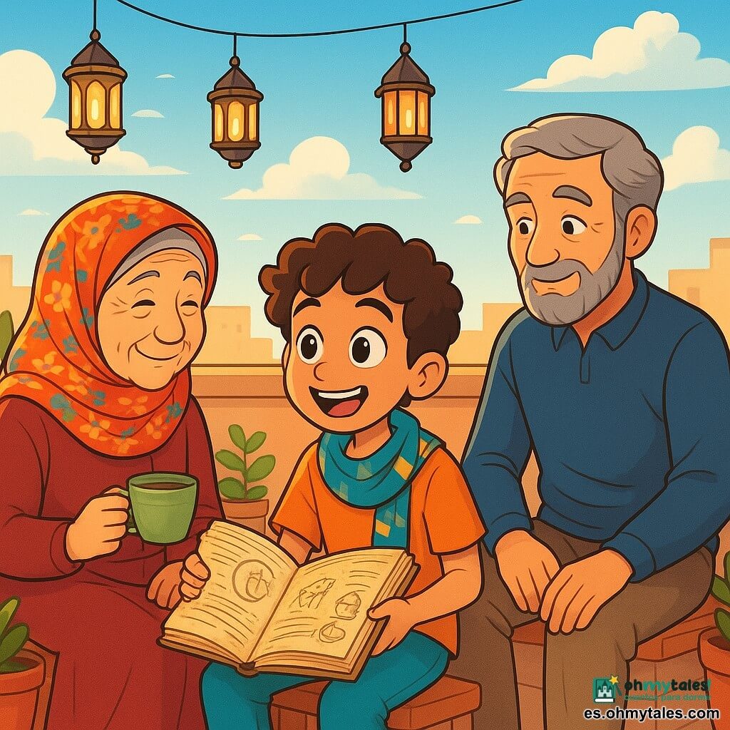Un niño de 10 años, Amin, con cabello castaño y rizado, grandes ojos llenos de curiosidad, está sentado en una azotea soleada, con una radiante sonrisa. Sostiene un viejo cuaderno con páginas amarillentas, lleno de dibujos e historias, mientras una suave brisa agita su ropa colorida. A su lado, su abuela, una mujer mayor de rostro arrugado y bondadoso, lleva un pañuelo vibrante de flores y le sonríe tiernamente, sosteniendo una taza de té de menta. Su abuelo, un hombre de cabello canoso y barba bien cuidada, está sentado frente a ellos, con las manos en las rodillas, escuchando atentamente la historia que Amin cuenta, con ojos brillantes de orgullo. El entorno es una azotea típica, con macetas de flores coloridas, faroles colgantes que brillan suavemente y un cielo azul claro salpicado de nubes blancas. La escena irradia una atmósfera cálida y acogedora, llena de risas y compartir. Amin narra una cautivadora historia sobre el Ramadán, rodeado de su familia, mientras la luz dorada del sol poniente envuelve la escena, creando un ambiente mágico y alegre.