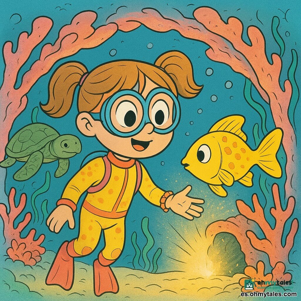 Una niña de 4 años, ojos redondos y coletas castaño claro, lleva un traje de buceo colorido y una máscara redonda; sonríe maravillada y extiende la mano hacia un resplandor dorado. Un pez amarillo brillante con manchas naranjas y aletas translúcidas nada junto a su mano derecha como un amigo curioso. Una tortuga marina mayor, caparazón verde texturizado y ojos suaves, pasa en segundo plano a la izquierda. Fondo marino claro con arcos de coral rosa y naranja, algas verde esmeralda ondulantes, arena pálida y burbujas; la luz del fondo de una cueva de coral ilumina su rostro y hace brillar las perlas de su pulsera de concha.