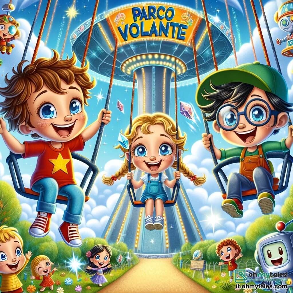 In un parco futuristico chiamato Parco Volante, quattro bambini sono riuniti. Leo, un ragazzo di cinque anni con capelli castani arruffati e una maglietta rossa, sorride felicemente tenendo un cristallo splendente tra le mani. Accanto a lui, Mia, una ragazza con capelli biondi intrecciati e un vestito blu, alza le braccia al cielo, meravigliata dalla magia del parco. Tom, un ragazzo con occhiali tondi e capelli castani, è seduto su un'altalena che si solleva nell'aria, ridendo di gioia. Infine, Sam, un ragazzo con capelli neri e un cappellino verde, si aggrappa a una barra dell'altalena, con gli occhi brillanti di eccitazione. Il parco è pieno di strutture brillanti e colorate, con altalene che volano e robot amichevoli che salutano i bambini. Gli alberi con foglie scintillanti bordano i sentieri, e fiori cantanti aggiungono un tocco di magia all'ambiente. Il cielo è di un blu splendente, punteggiato di nuvole soffici. La scena principale mostra Leo e i suoi amici pronti a volare nell'aria sulle altalene, con il cristallo scintillante in mano, simboleggiando la loro avventura e amicizia.