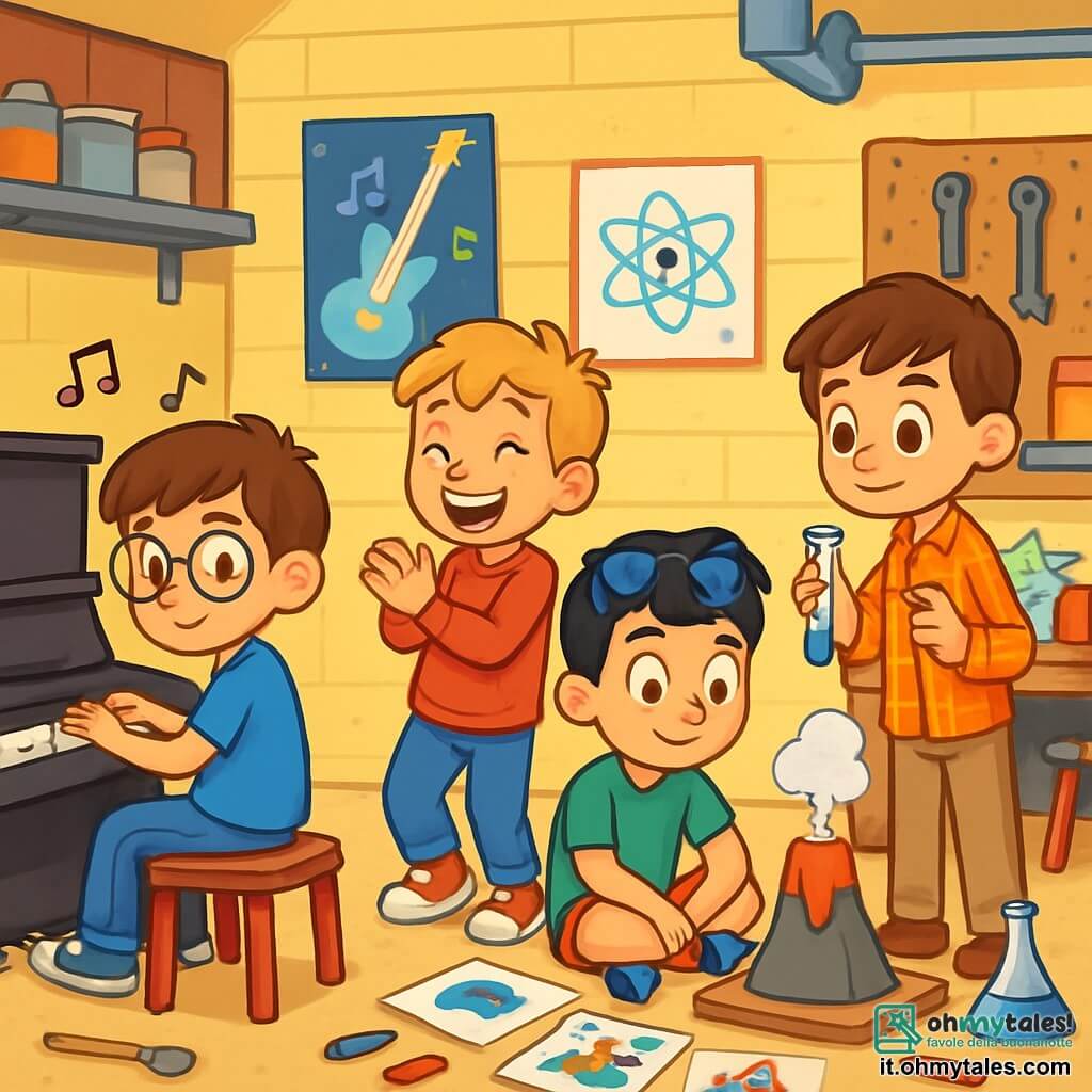 Ci sono quattro bambini: - Luca: un ragazzo di 10 anni, con capelli castani e occhiali rotondi, seduto al pianoforte, concentrato sulla sua melodia. - Marco: un ragazzo di 10 anni, con capelli biondi disordinati e un grande sorriso, in piedi accanto a Luca, batte le mani a ritmo di musica. - Diego: un ragazzo di 10 anni, con capelli neri e occhiali da sole sulla fronte, seduto per terra circondato da fogli di carta con i suoi disegni colorati. - Tommaso: un ragazzo di 10 anni, con capelli castani e uno sguardo curioso, in piedi con una camicia a quadri e un pantalone beige, pronto a realizzare la sua esperienza con un tubo a prova. Il luogo è un garage luminoso, pieno di colori vivaci, decorato con poster di musica e scienze, con strumenti e materiali artistici sparsi attorno, creando un'atmosfera creativa e gioiosa. I quattro amici lavorano insieme al loro progetto scolastico: Luca suona una melodia al pianoforte, Marco danza gioiosamente, Diego mostra i suoi disegni e Tommaso prepara un piccolo vulcano fumante, illustrando la loro collaborazione e fiducia in sé.