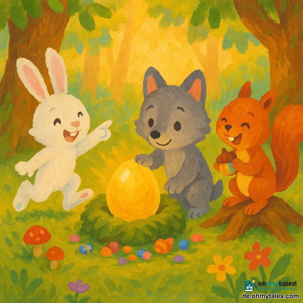 Lupo, ein kleiner anthropomorpher grauer Wolf mit großen runden Ohren und staunendem Lächeln, streckt eine Pfote zu einem großen goldenen Ei in einem Moosnest; Lila, ein rotbraunes Eichhörnchen mit buschigem Schwanz, hält lachend eine bunte Haselnuss, und Momo, ein weißes Kaninchen mit langen Ohren und Farbflecken an den Pfoten, hüpft vor Aufregung, während die Waldlichtung mit grüner Moose, violetten und gelben Blumen, roten Pilzen und warmen Sonnenstrahlen beleuchtet ist; das goldene Ei glänzt, umgeben von kleinen Süßigkeiten, in einer sanften, pastellhellen, gouacheartigen Textur.
