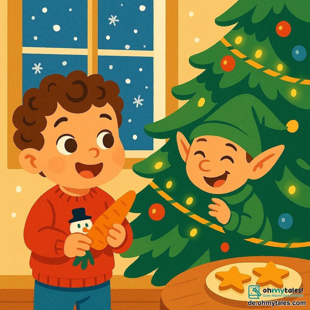 Ein kleiner Junge von 2 Jahren, Milo, mit lockigen Haaren und funkelnden Augen, lächelt voller Staunen. Er trägt einen roten Pullover mit einem Schneemann und hält eine Karotte in seinen kleinen Händen. Neben ihm steht ein schelmischer Elf namens Luri, klein von Statur, mit einem großen spitzen Ohr und einem glänzenden grünen Outfit, der hinter einem geschmückten Tannenbaum lacht. Der majestätische Baum ist mit glitzernden Girlanden und bunten Kugeln geschmückt und wird von blinkenden Lichtern erleuchtet. Sanfte Schneeflocken fallen durch das Fenster und verleihen der Szene einen magischen Touch. Milo und Luri dekorieren gemeinsam den Baum, begleitet von Lachen und Freude, während auf einem Tisch in der Nähe sternförmige Kekse liegen, die die Luft mit einem köstlichen Weihnachtsduft erfüllen.
