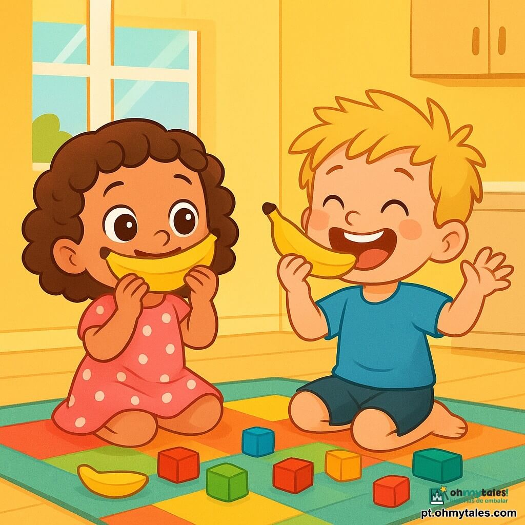 Uma menina de 2 anos, Nina, com grandes olhos brilhantes e cabelos cacheados castanhos, sorri alegremente fazendo um bigode com uma banana. Ela usa um vestido rosa com bolinhas brancas e está sentada em um tapete colorido. Ao lado dela, seu irmão Leo, um menino de 4 anos com cabelos loiros bagunçados e uma camiseta azul, ri imitando sua irmã com uma banana na mão. A cena acontece em uma cozinha iluminada, com paredes amarelas e uma grande janela que deixa entrar o sol. Na mesa, duas bananas estão colocadas, uma grande e uma pequena, enquanto blocos de cores vivas estão espalhados pelo tapete. Nina e Leo se divertem juntos, rindo alto depois de derrubar sua torre de blocos, criando uma atmosfera alegre e cheia de risos.