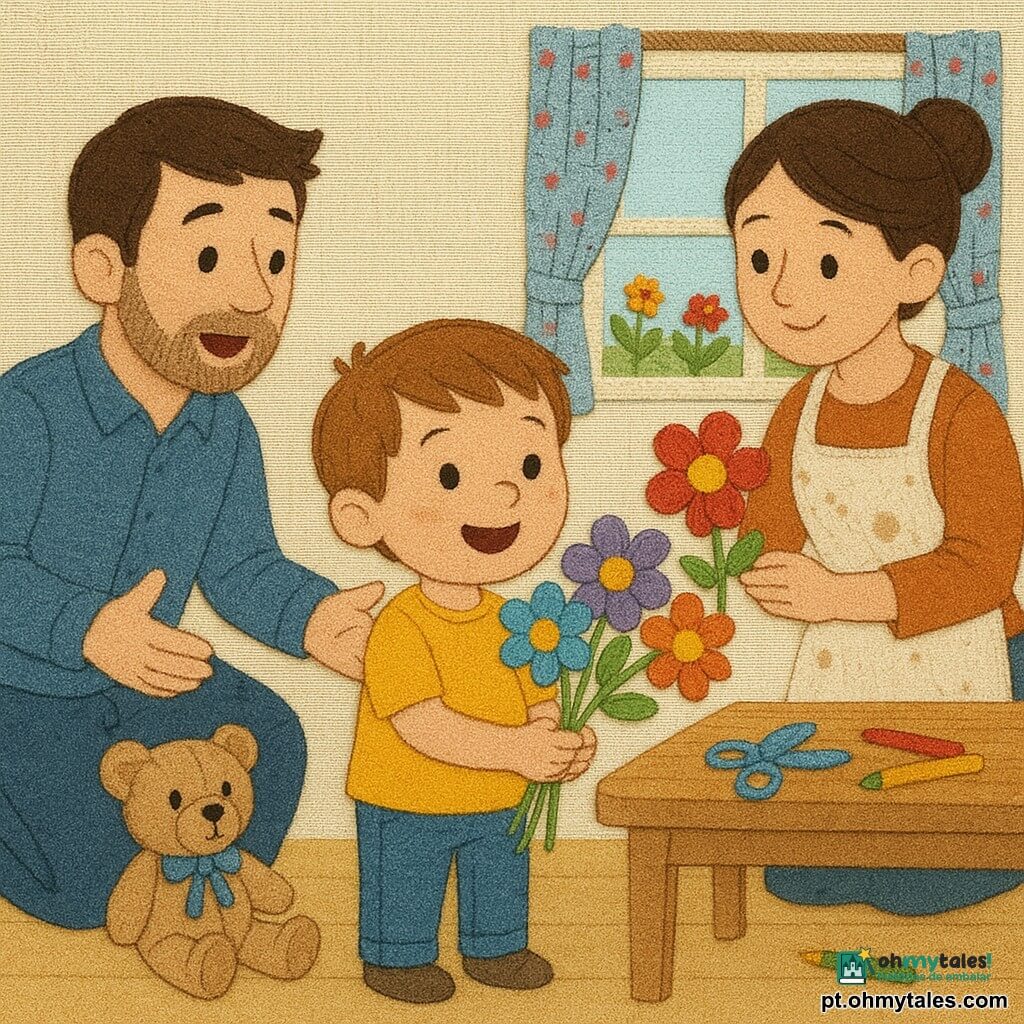 Um menino de 4 anos, rosto redondo, cabelos castanho-claro em mechas, sorridente e maravilhado, segura um buquê de desenhos recortados preso por uma grande corda azul, em pé diante de uma mesa baixa; um homem (pai) de ~35 anos, barba incipiente e cabelos curtos castanhos, ajoelha-se com expressão surpresa e ternura abrindo os braços; uma mulher (mãe) de ~33 anos, cabelo preso em coque e avental manchado de farinha, sorri enquanto ajuda a segurar as flores de papel; a cozinha iluminada pela manhã tem uma mesa de madeira clara com lápis de cor espalhados, uma caixa de tesouras, um ursinho de pelúcia com uma velha corda azul e uma janela para um pequeno jardim florido; cena principal: entrega surpresa de um buquê colorido de flores-desenho para o Dia dos Pais, gestos ternos, cores vivas, texturas costuradas visíveis, costuras aparentes e pedaços de tecido com bordas zingadas.