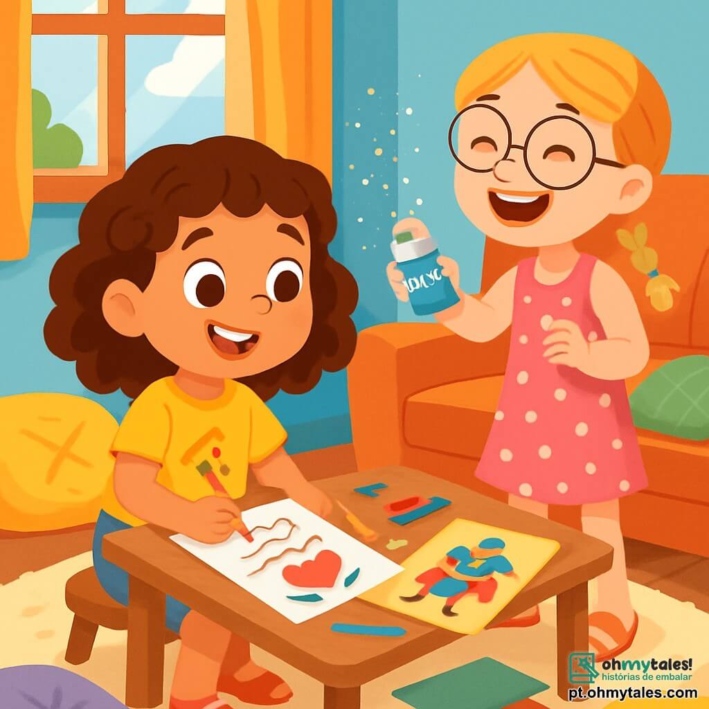 Há 2 personagens principais: - Malu: uma menina de 8 anos, com cabelos cacheados castanhos e olhos brilhantes. Ela usa uma camiseta amarela com um desenho de pizza e um short de jeans. Ela está sentada a uma pequena mesa, cercada por folhas coloridas. - Sofia: uma menina de 8 anos, com cabelos loiros trançados e óculos redondos. Ela usa um vestido rosa de bolinhas e sandálias. Ela está em pé ao lado de Malu, segurando uma lata de glitter e rindo. O local é uma sala de estar aconchegante, com paredes pintadas de azul claro. Há uma grande janela que deixa entrar a luz do sol, almofadas coloridas espalhadas sobre um tapete macio e uma mesa de madeira com folhas, lápis e decorações. A situação principal mostra Malu e Sofia preparando uma surpresa para o Dia dos Pais. Malu escreve um poema em uma folha, enquanto Sofia desenha uma capa de super-herói. Risadas e glitter flutuam ao redor delas, criando uma atmosfera alegre e criativa.