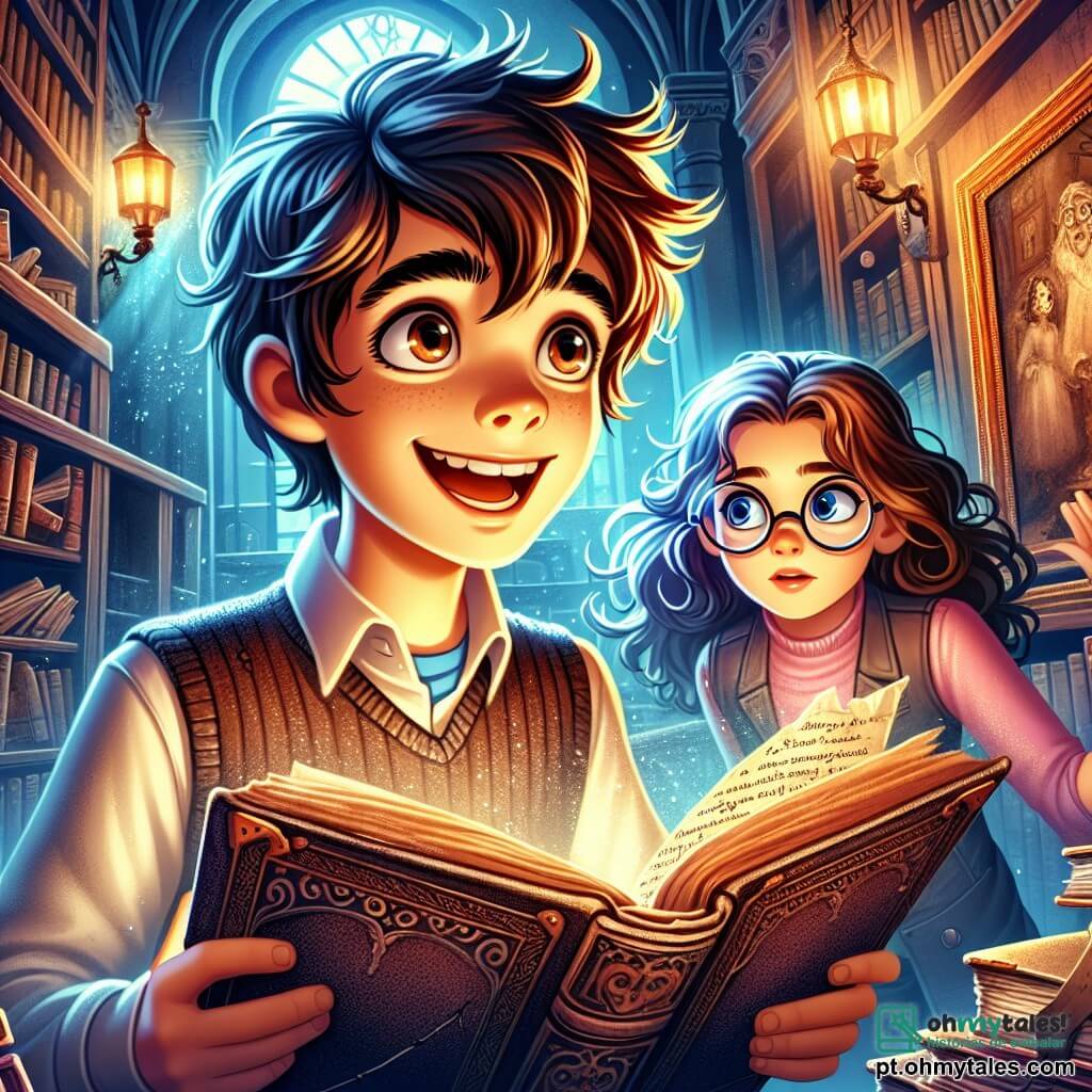 Um menino de 12 anos, Lucas, com cabelos castanhos bagunçados e olhos cheios de curiosidade, está no centro da imagem, segurando um velho livro empoeirado em uma mão e um pedaço de papel amarelado na outra. Seu rosto expressa excitação e deslumbramento, com um grande sorriso. Ao lado dele, sua melhor amiga Sofia, uma menina de 12 anos com cabelos longos e cacheados, usando óculos redondos, examina atentamente uma antiga pintura na parede, com um olhar concentrado. O ambiente é uma biblioteca antiga, com estantes de madeira escura cheias de livros coloridos, luz suave e cantos escuros onde a poeira dança nos raios de luz. Ao fundo, uma grande janela deixa entrar a luz do sol, revelando teias de aranha nos cantos. Lucas e Sofia estão em plena investigação, descobrindo um mistério escondido no livro e na pintura, cercados por uma atmosfera de aventura e curiosidade, prontos para resolver a enigma que os espera.