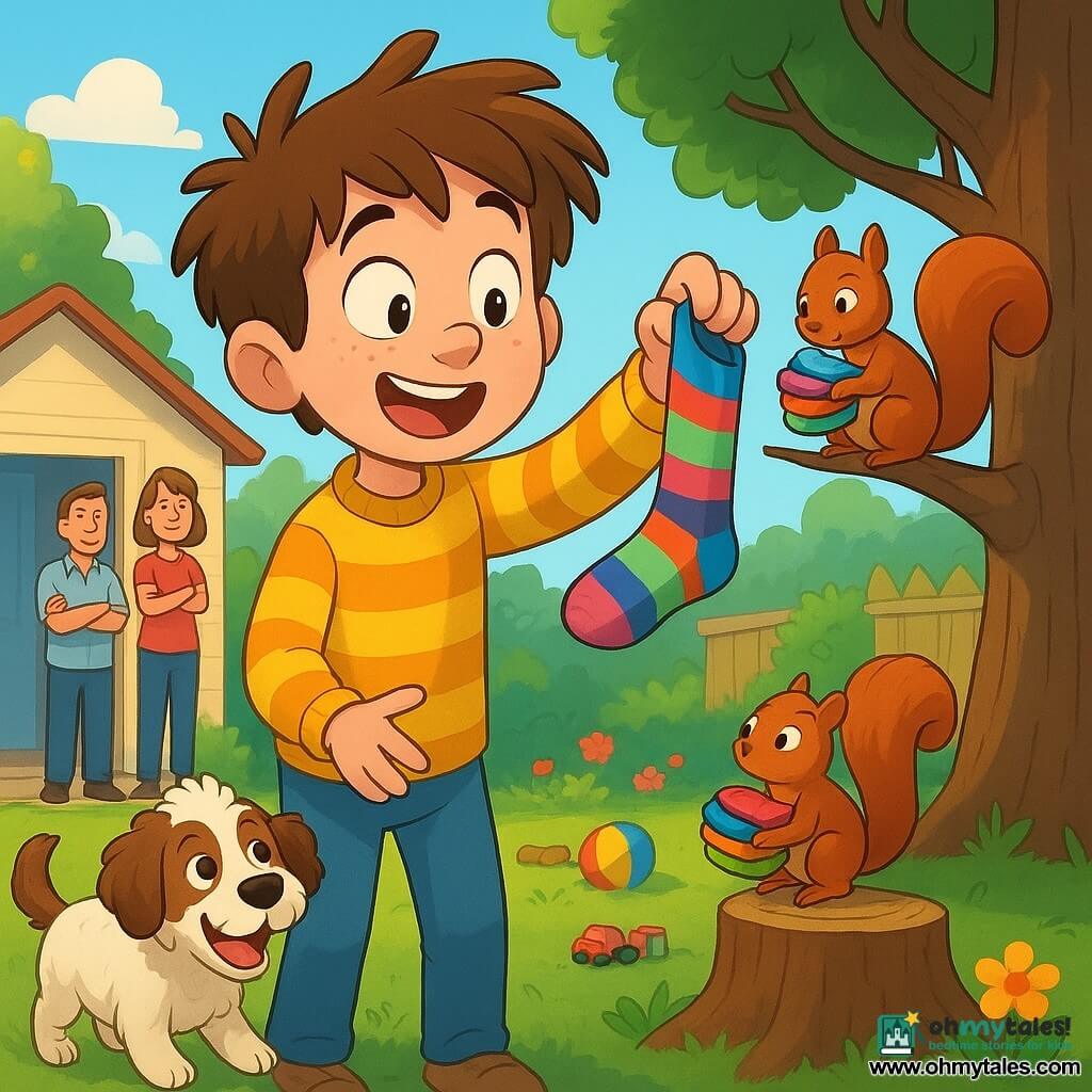 Eight-year-old Oliver, hair tousled and freckled, looks surprised and joyful as he reaches for a colorful sock; to his left Mr. Wiggles, a medium white-and-brown curly dog, wags and barks near a stump while Nutty the small red squirrel perches on a low oak branch holding a pile of multicolored socks and timidly looks at Oliver; in the sunny backyard the parents stand smiling in the doorway with arms crossed, a large treehouse, scattered toys, green lawn and bright flowers visible and a washing machine open on the porch; the scene depicts the joyful return of socks—flying striped and polka-dot socks, exaggerated expressions, saturated colors and sharp cel-shaded shadows.