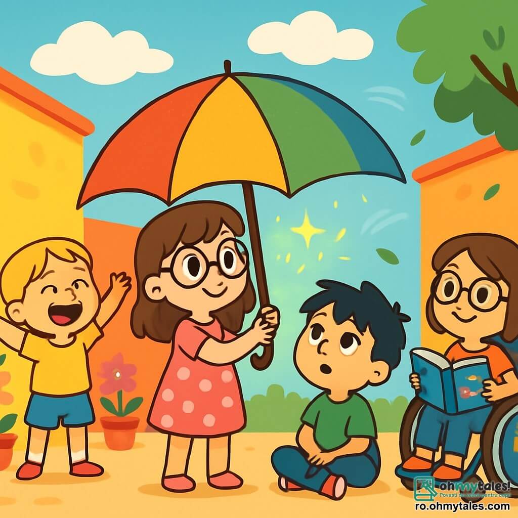 Sunt 4 copii: - Mara: o fetiță de 7 ani, cu părul brunet și ochelari rotunzi, poartă o rochie roz cu buline albe și ține o umbrelă mare colorată. Se află în centru, privindu-l cu curiozitate pe umbrela. - Cati: o fetiță de 6 ani, cu părul blond împletit, îmbrăcată cu un tricou galben și o pereche de pantaloni scurți albaștri, râde vesel lângă Mara, cu brațele deschise ca și cum ar vrea să prindă un nor. - Dodo: un băiat de 8 ani, cu părul negru zbârlit și un tricou verde, stă pe jos, cu ochii în stele, visând cu voce tare la călătorii fantastice. - Lia: o fetiță de 5 ani, cu părul castaniu și ochelari, stă într-un scaun cu rotile decorat cu autocolante colorate, zâmbește ținând o carte de povești, observându-și prietenii cu amuzament. Locul este o curte însorită, înconjurată de pereți vopsiți în culori vii, cu flori multicolore în ghivece. Norii pufoși plutesc pe un cer albastru deschis, iar o briză ușoară face să danseze frunzele copacilor din apropiere. Situația principală arată copiii pregătindu-se să deschidă umbrela magică, cu străluciri de lumină emanând din aceasta, în timp ce vântul începe să sufle ușor, creând o atmosferă de mister și excitație.