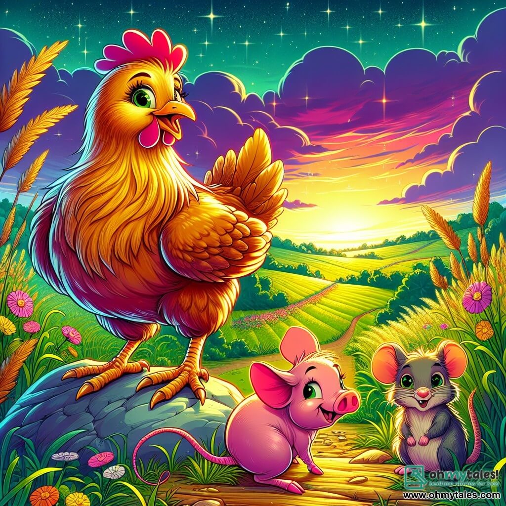A hen named Penelope, with shiny golden feathers and sparkling curious eyes, proudly stands at the top of a green hill, the wind making her feathers dance. She wears a broad smile, overflowing with joy and pride. Beside her, a plump pig named Ferdinand, with pink skin and a worried look, stands on a rock, his legs trembling slightly as he admires the landscape. A little mouse named Matilda, with soft fur and round eyes, scurries through the tall grass, looking on in wonder. In the background, a twilight sky glows with pink and golden hues, while colorful wildflowers line the path leading to the hill. The scene captures the magical moment when Penelope and her friends discover the beauty of the world around them, celebrating their courage and friendship.