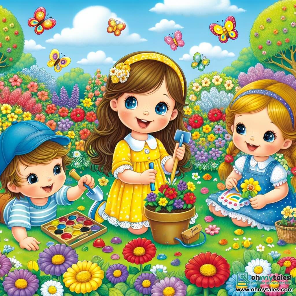 A 4-year-old girl named Lily, with long brown hair and sparkling eyes, is planting a seed in a sunny garden. She wears a lovely yellow dress that flutters around her as she crouches, a big smile lighting up her face. Next to her, Max, a 5-year-old boy with messy blonde hair and a blue cap, jumps with excitement holding a small shovel, ready to plant his own seed. Emma, another 4-year-old girl with red hair in braids, sits on the grass painting a beautiful picture of a colorful butterfly. She is slightly back but watches Lily and Max with an encouraging smile. The setting is a vibrant garden full of bright flowers in red, yellow, and purple. The sky is blue with fluffy white clouds, and butterflies flutter around the flowers, adding to the magic of spring. The main scene shows Lily, Max, and Emma, all joyful and engaged in planting flowers and creating art, celebrating the arrival of spring in a happy and friendly atmosphere.
