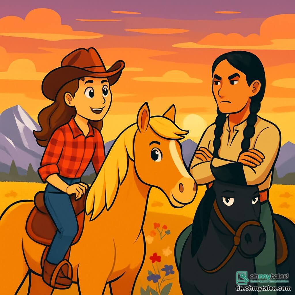 Eine 17-jährige Cowgirl namens Lila McCoy sitzt auf ihrem Pferd Stardust, einem wunderschönen Mustang mit goldenem Fell. Sie trägt einen Leder-Cowboyhut, ein kariertes rotes Hemd und eine abgenutzte Jeans. Ihr Gesicht zeigt lebhafte Neugier, während sie die Landschaft betrachtet. Neben ihr steht Mato, ein etwa 20-jähriger Cheyenne mit langen geflochtenen schwarzen Haaren und einem durchdringenden Blick, auf einem schwarzen Pferd mit verschränkten Armen und einem misstrauischen Ausdruck. Die Kulisse ist eine weite goldene Prärie, gesprenkelt mit bunten Wildblumen, im Hintergrund erheben sich majestätische silberne Berge, die im Sonnenuntergang funkeln. Der Himmel ist ein Mix aus Orange- und Violetttönen, der eine magische Atmosphäre schafft. Lila und Mato stehen sich auf ihren Pferden gegenüber, in einem Moment spürbarer Spannung, während sie sich darauf vorbereiten, Worte auszutauschen, um die Wahrheit hinter dem Verschwinden der Wiederkäuer zu entdecken.