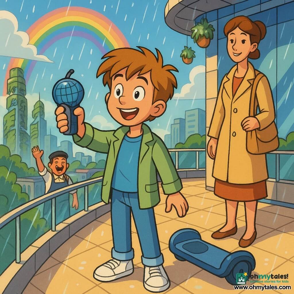 An 8-year-old boy, smiling and amazed, holds a small globe-shaped recorder in his right hand; he wears a sky-blue T-shirt, a light pistachio jacket, light jeans and white sneakers, with a hoverboard beside him on a large panoramic terrace atop a futuristic tower; his mother (about 35), kind and proud, watches him from the nearby background on the terrace, and a jovial merchant, Mr. Gomez (about 50), stands lower in the distant city wearing a cap and apron and waves toward the terrace; the terrace has smooth light paving, a glass railing and hanging potted plants, while green skyscrapers and vertical gardens spread below under a partly cloudy sky; a light sparkling rain of round luminous drops falls, a vivid rainbow forms, and the boy records the sounds of the city as soft colorful light reflects on the buildings.