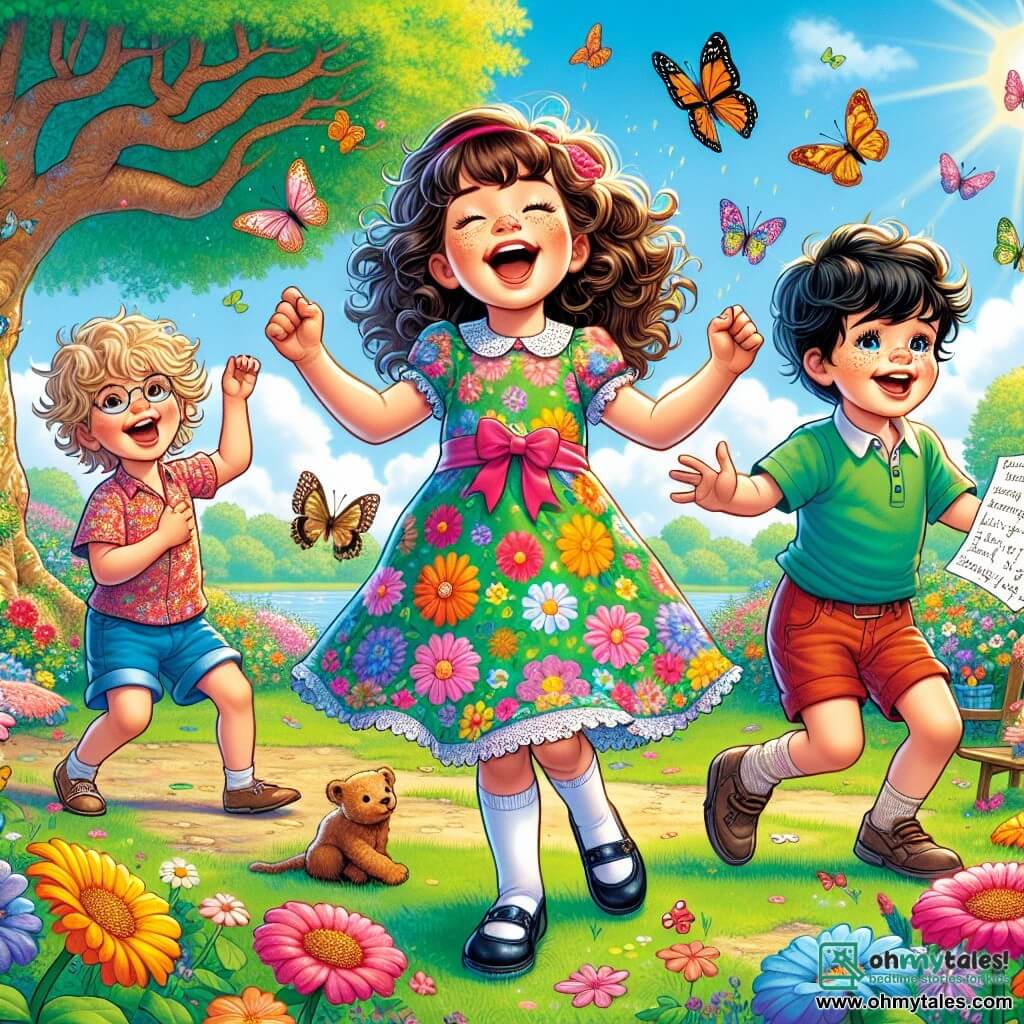 In a sunny garden, three friends stand under a large oak tree. Mia, a four-year-old girl with curly brown hair, wears a colorful dress with flower patterns and joyfully sings with her arms open, as if dancing with butterflies. Jake, a four-year-old boy with messy blonde hair, is next to her, making funny dance moves with a big smile, dressed in a blue t-shirt and red shorts. Sam, another four-year-old boy with straight black hair, stands a bit back, holding a piece of paper with his jokes written on it, looking focused yet happy, wearing a green shirt and beige pants. The garden is filled with colorful flowers, fluttering butterflies, and a lush green lawn, under a bright blue sky with fluffy white clouds. The three friends are preparing for their performance, showing confidence and joy in sharing their talents with loved ones.