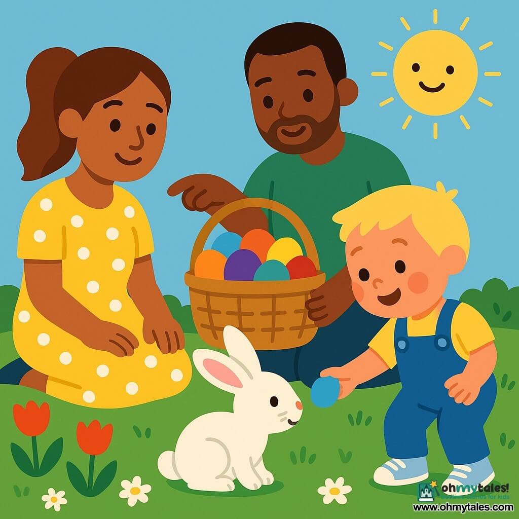 A joyful 2-year-old blond boy in a blue overall and white sneakers holds a small blue egg out to a fluffy white rabbit as his smiling parents watch in a sunny spring garden: the mother in a yellow polka-dot dress sits on the grass to the left, the father in a green T-shirt stands behind a large wicker basket of colorful eggs; green lawn, red tulips, white daisies and a light blue sky with a smiling yellow sun complete the peaceful Easter egg scene.