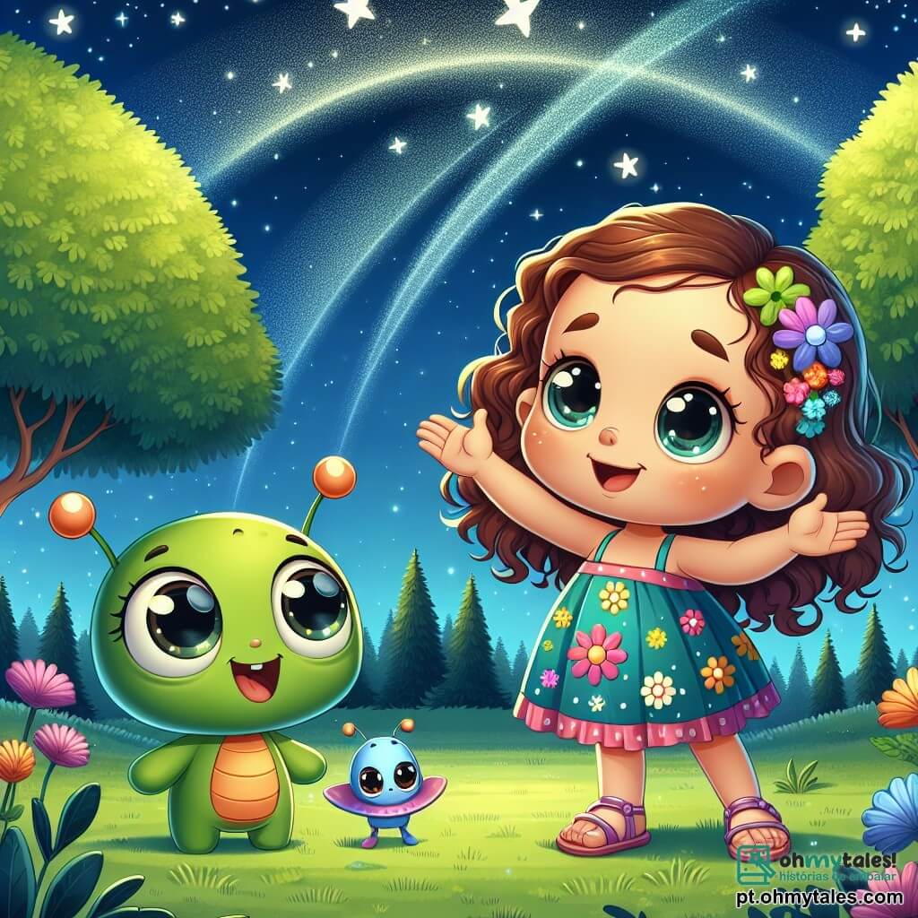Uma menina de 6 anos, Lúcia, com cabelos castanhos cacheados e olhos curiosos, está em um parque verdejante, com os braços levantados para o céu estrelado e um grande sorriso no rosto. Ela usa um vestido colorido de flores e sandálias, expressando emoção e maravilha. Ao lado dela, dois extraterrestres amigáveis, Zupi e Zapa, estão presentes. Zupi é um pequeno ser verde com grandes olhos redondos e uma antena na cabeça, olhando para Lúcia com fascínio. Zapa, também verde, tem uma forma ligeiramente mais arredondada e olhos amendoados, segurando um biscoito nas mãos pequenas, sorrindo alegremente. A cena acontece em um parque noturno, iluminado pela suave luz das estrelas. Árvores majestosas cercam o parque, e flores coloridas dançam ao vento, criando uma atmosfera mágica. Lúcia e seus novos amigos extraterrestres compartilham um momento de alegria, onde Lúcia explica como fazer um desejo ao olhar para as estrelas, enquanto Zupi e Zapa a ouvem atentamente, maravilhados com as histórias da Terra.