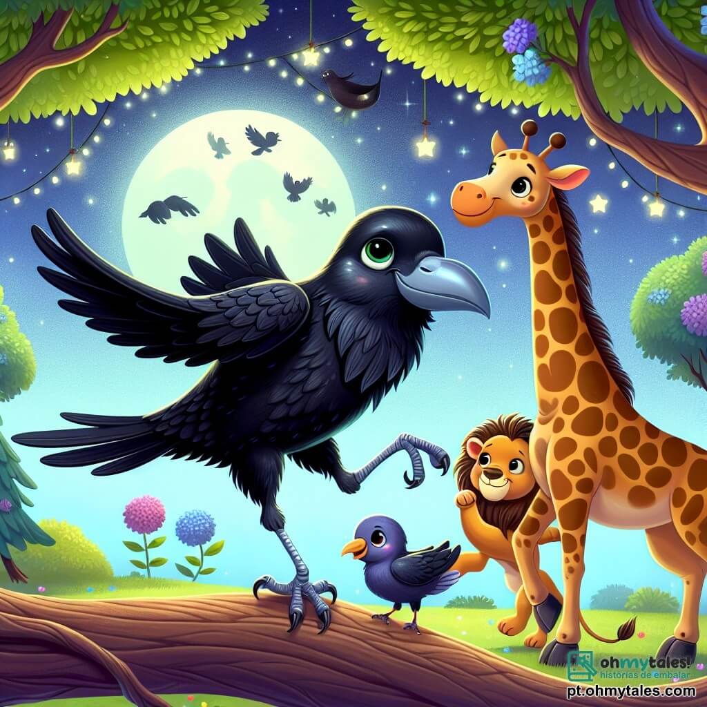 Um corvo chamado Caco, com plumagem negra brilhante e olhos cheios de curiosidade, dança alegremente em um galho de árvore, com as asas abertas e um grande sorriso no bico. Ao seu lado, uma girafa chamada Gigi, com um longo pescoço manchado e olhos suaves, se estica para imitar os movimentos de Caco, enquanto um leão chamado Leo, com uma juba dourada e um olhar travesso, tenta dançar com passos cômicos, um pouco afastado. A cena acontece em uma floresta encantada, iluminada pela suave luz da lua, com árvores majestosas de folhas cintilantes e flores coloridas ao redor dos animais. Caco, Gigi e Leo se divertem juntos, compartilhando risadas e movimentos de dança sob o céu estrelado, criando uma atmosfera de alegria e amizade.
