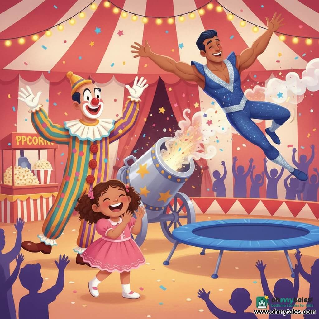 A wide‑eyed, smiling 2‑year‑old girl with brown curly hair in a pink ruffled dress and white shoes claps in the foreground while an adult clown (Max) with a round red nose and oversized striped costume waves to her from the left, and a blue‑and‑silver costumed cannon human (Mr. Cannon) with feathered brown hair is launched horizontally from a shiny chrome cannon with gold stars on the right, glitter and colored smoke bursting as he flies over a soft blue trampoline amid confetti and star-shaped sparkles, all under a red‑and‑white striped big top with yellow string lights, silhouetted colorful audience and popcorn and cotton‑candy stands in the background, in a joyful scene of saturated colors and rounded shapes suited for toddlers.