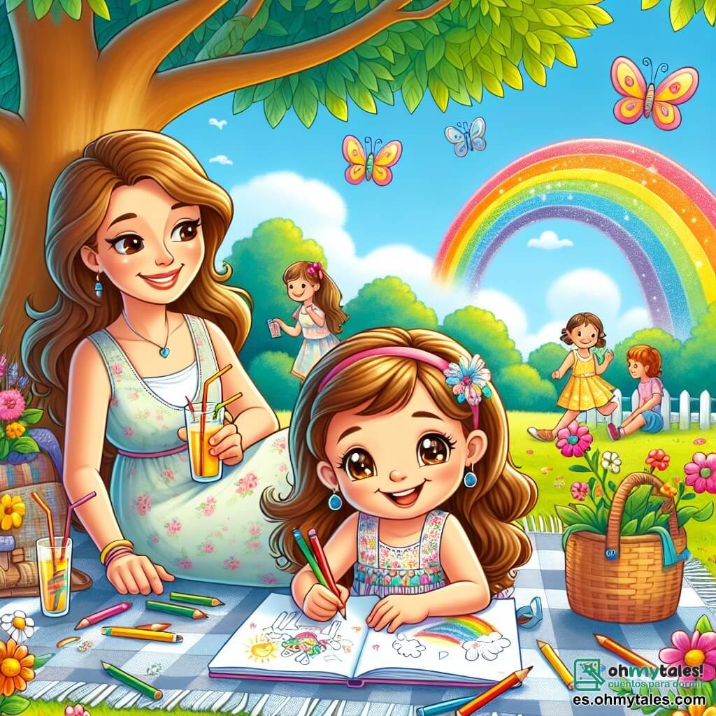 Una niña de 4 años, llamada Sofía, está sentada bajo un gran árbol con hojas verdes, rodeada de flores coloridas. Tiene el cabello largo y castaño, ojos brillantes de alegría y una gran sonrisa mientras dibuja con lápices de colores en su cuaderno. Junto a ella, su madre, una mujer sonriente de unos 30 años con cabello castaño y ojos dulces, la observa con orgullo, sentada sobre una manta de picnic. Lleva un vestido ligero y colorido, y sostiene un vaso de limonada. El lugar es un parque soleado, lleno de flores brillantes, mariposas revoloteando y un cielo azul. A lo lejos, se ven niños jugando y riendo, lo que añade a la atmósfera alegre. Sofía, concentrada y feliz, dibuja un gran arcoíris que ilumina su dibujo, simbolizando su confianza y creatividad.