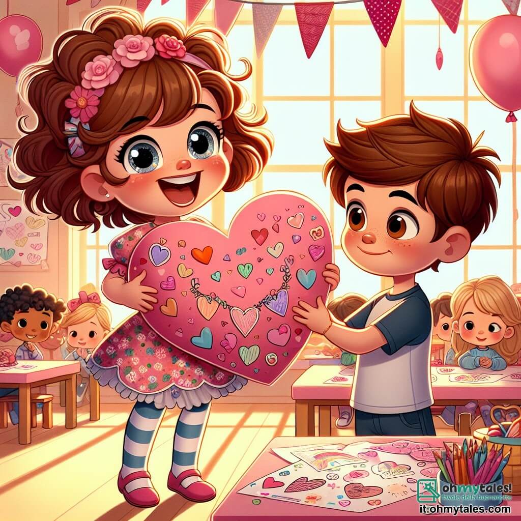 Una bambina di 6 anni, Sofia, con capelli ricci e occhi scintillanti, sorride felicemente mentre tiene un grande cuore di carta rosa decorato con disegni colorati. Indossa un vestito a fiori e collant a righe, e il suo viso esprime una gioia immensa. Accanto a lei, il suo amico Luca, un ragazzo di 6 anni con capelli castani e occhi marroni, guarda con meraviglia il cuore che Sofia gli ha regalato. Indossa una maglietta blu e pantaloni corti, e ha un grande sorriso sul volto, mostrando che è toccato da questo gesto. Sullo sfondo, si vede un'aula luminosa decorata con festoni di cuori e palloncini rosa, con finestre che lasciano entrare la luce del sole. I tavoli sono coperti di disegni e biscotti a forma di cuore, creando un'atmosfera festosa e accogliente. La scena principale mostra Sofia mentre dà il suo regalo a Luca, circondata dai loro compagni di classe che li guardano con espressioni di felicità e amicizia, celebrando insieme la magia di San Valentino.
