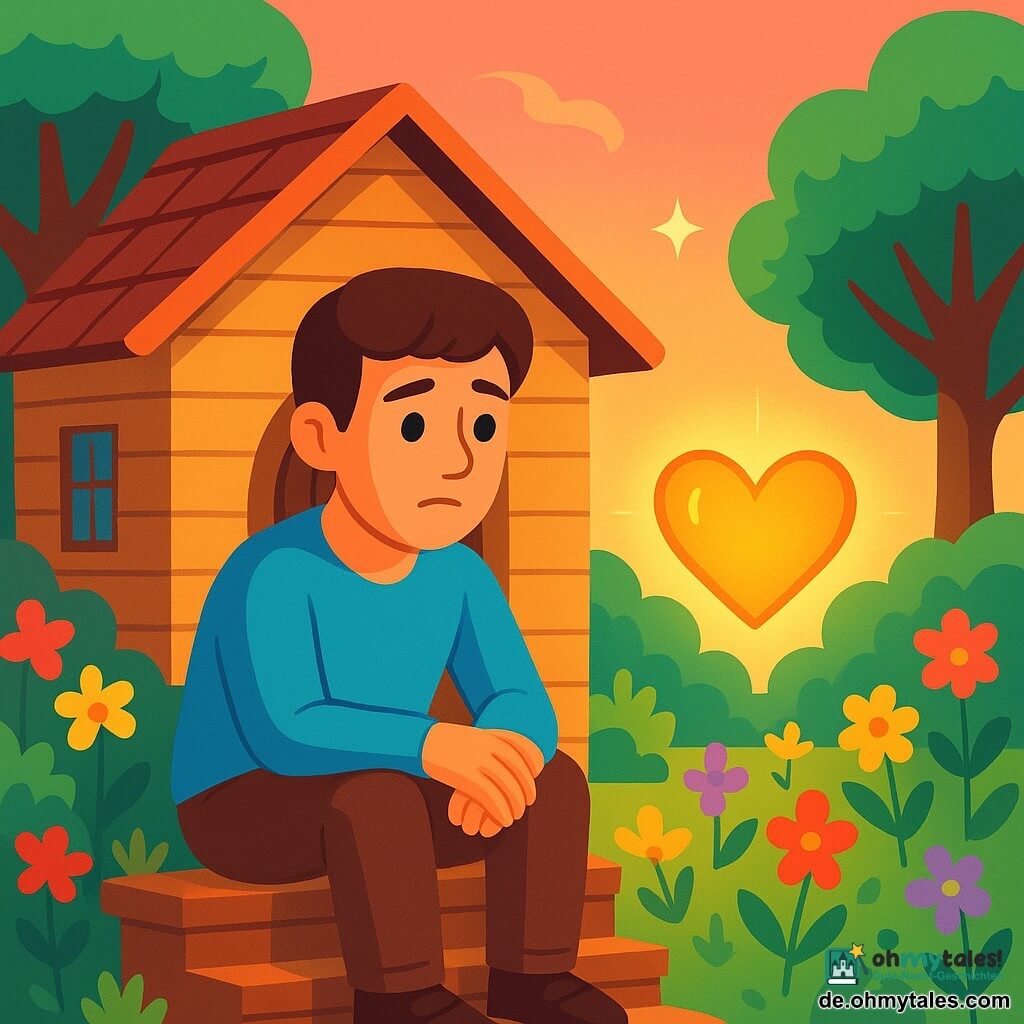 Ein Mann namens Lian, etwa dreißig Jahre alt, mit braunen Haaren und neugierigen Augen, sitzt auf den Stufen seines kleinen Holzhauses. Sein Gesicht drückt eine sanfte Melancholie, aber auch einen Funken Hoffnung aus. Neben ihm schwebt ein kleines leuchtendes Herz in der Luft, das in warmem, goldenem Licht strahlt und das Herz der Magie repräsentiert. Der Ort ist ein bezaubernder Garten, gefüllt mit bunten Blumen, die sanft im Wind tanzen, und majestätischen Bäumen mit leuchtend grünen Blättern. Im Hintergrund ist der Himmel in Rosa und Gold getaucht, während ein funkelnder Stern zu erscheinen beginnt. Die Hauptsituation zeigt Lian, der das leuchtende Herz betrachtet, das ihn einlädt, inneren Frieden zu entdecken, während der Garten um sie herum erstrahlt und eine magische, beruhigende Atmosphäre schafft.