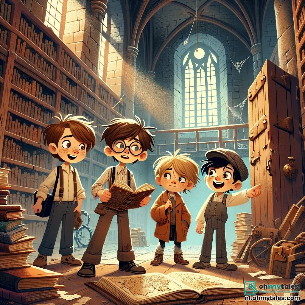 In een oude stoffige bibliotheek staan vier jonge onderzoekers bij elkaar. Tom, een 10-jarig jongetje met rommelig bruin haar en een bril, houdt een oud boek in zijn handen, zijn ogen stralen van opwinding. Rechts van hem maakt Lucas, een 9-jarig jongetje met blond haar en sproeten, aantekeningen in zijn kleine notitieboekje, geconcentreerd kijkend. Links staat Eva, een 10-jarig meisje met lang zwart haar, die een pet draagt en nieuwsgierig naar een oude kaart kijkt. Ten slotte glimlacht Max, een 8-jarig jongetje in een rolstoel, vrolijk en wijst naar een oude houten deur die mysterieus lijkt. De bibliotheek is enorm, met hoge plafonds, planken vol oude boeken en lichtstralen die door stoffige ramen vallen. Spinrag hangt in de hoeken en een geur van oud papier hangt in de lucht. De kinderen hebben zojuist een oude kaart in een oud boek ontdekt en staan op het punt een geheime kamer in de bibliotheek te verkennen, waar ze hopen de legendarische Klaverdiamant te vinden. Op hun gezichten zijn opwinding en avontuur te lezen terwijl ze zich voorbereiden om het mysterie dat hen omringt te ontrafelen.