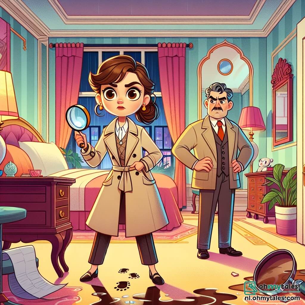 Een vrouwelijke detective, genaamd Nora, staat in het midden van de scène met een vastberaden en nieuwsgierige blik op haar gezicht. Ze heeft bruin haar in een knot, draagt een beige trenchcoat en houdt een vergrootglas in haar rechterhand. Naast haar kijkt de hotelmanager, een man van ongeveer 50 jaar met grijs haar en een rode stropdas, nerveus om zich heen. Hij staat bij de deur van kamer 312 met zijn handen op zijn heupen. De scène speelt zich af in een elegante hotelkamer met pastelgekleurde muren, een groot hemelbed en een omgevallen tafel met gebroken vaasstukken op de vloer. Een grote versierde spiegel weerkaatst het gedimde licht van de kamer, terwijl een fluwelen gordijn iets openstaat, waardoor de regen die buiten valt zichtbaar is. Nora onderzoekt aandachtig de vloer, waar modderige voetafdrukken liggen, terwijl een mysterieuze brief op de tafel ligt. De sfeer is gespannen, vol mysterie en opwinding, terwijl Nora zich voorbereidt om het mysterie van het verdwenen schilderij op te lossen.
