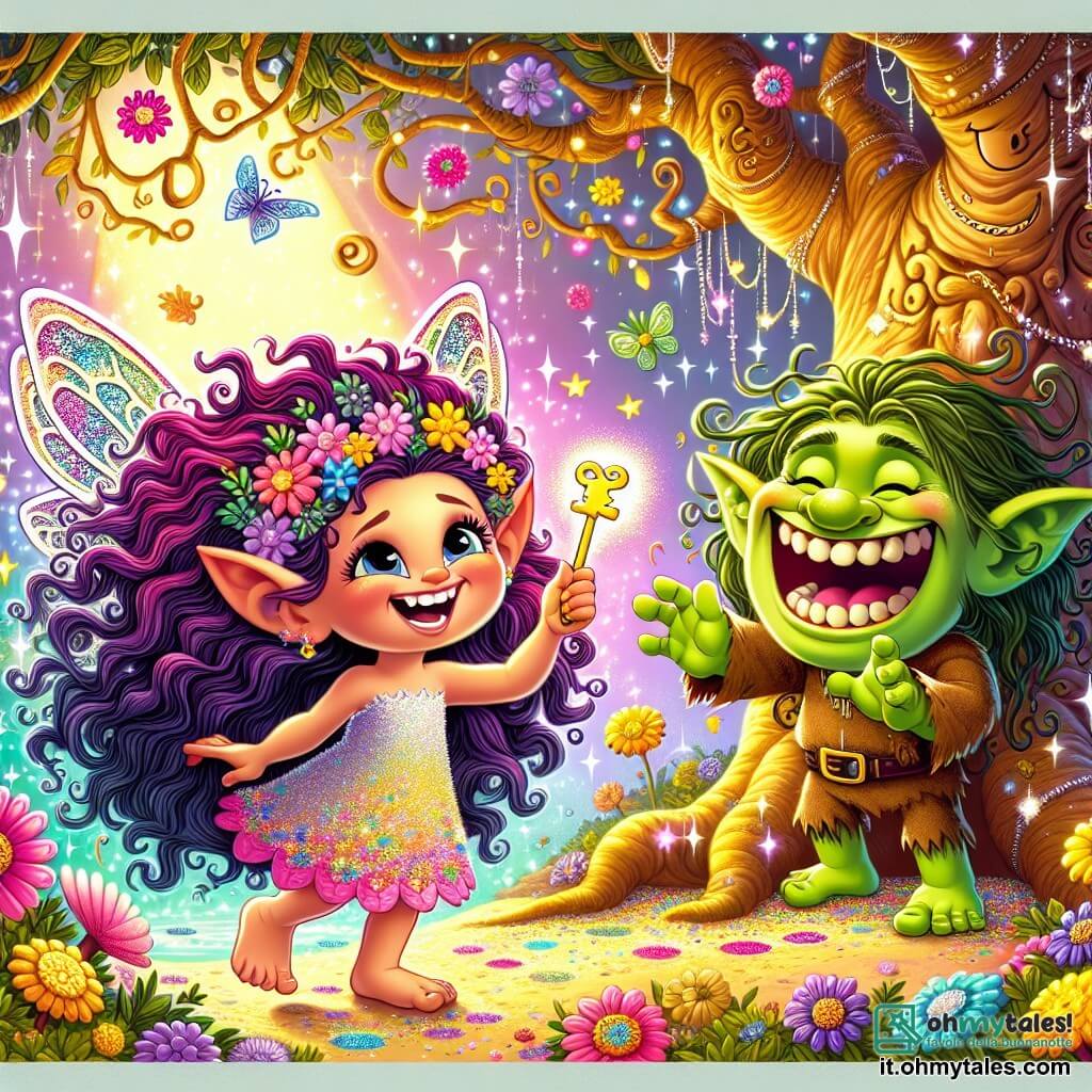 Al centro dell'immagine, Felicia, una piccola fata con ali scintillanti e colorate, vola allegramente nell'aria. I suoi capelli sono lunghi e ricci, di un viola brillante, e indossa un vestito fatto di petali di fiori multicolori. Il suo viso irradia felicità mentre tiene in mano una chiave magica brillante, pronta a liberare il suo amico. Accanto a lei, il Troll delle Risate, un grande troll dalla pelle verdastra e dal sorriso ampio, è in piedi. Ha occhi scintillanti di malizia e capelli disordinati, simili a alghe. Ride di cuore, con le braccia aperte, pronto a celebrare la sua libertà. Sullo sfondo, un maestoso albero con foglie dorate e argentate si erge, con un volto sorridente scolpito nel tronco. Fiori colorati circondano il terreno, e un ruscello scintillante serpeggia attraverso la scena, aggiungendo un tocco di magia. La scena principale mostra Felicia mentre inserisce la chiave nella serratura di una grande gabbia di ferro ornata di motivi floreali. Il troll, tutto eccitato, è pronto a volare, mentre l'albero e i fiori sembrano applaudire a questa bella amicizia che si forma nel boschetto incantato.