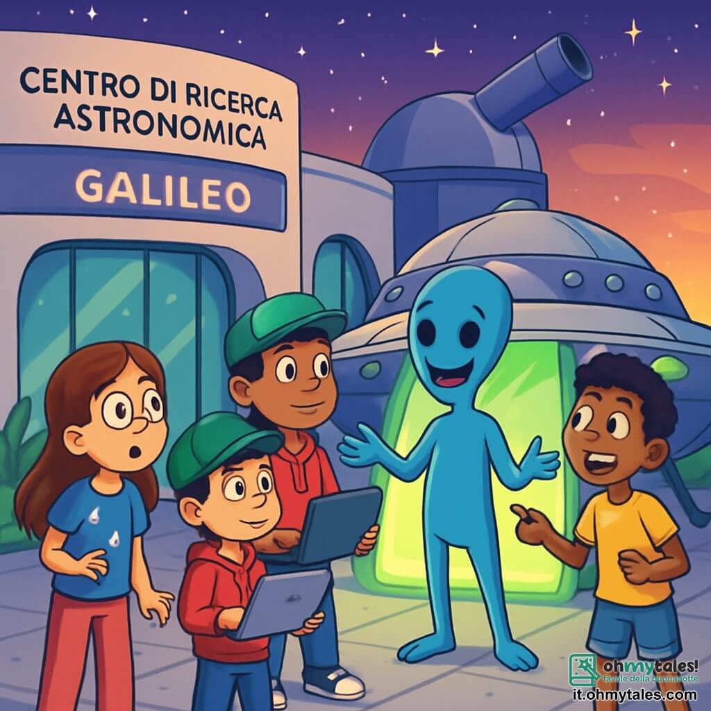 Ci sono 4 personaggi: Sofia, una ragazza di 10 anni con lunghi capelli castani e occhiali rotondi, indossa una maglietta blu con stelle e pantaloni rosa, è a sinistra, affascinata dalla navetta spaziale. Andrea, un ragazzo di 11 anni con capelli corti neri, indossa un cappellino verde e una felpa rossa, è al centro con un laptop per registrare i dati degli extraterrestri. Malik, un ragazzo di 10 anni con capelli ricci, indossa una maglietta gialla e pantaloni corti in jeans, è a destra, punta il dito verso la navetta sorridendo. Zok, una creatura extraterrestre alta e blu con occhi luminosi e sei dita, è davanti alla navetta, sorridente e accogliente. Il luogo è il Centro di Ricerca Astronomica Galileo, un edificio futuristico con grandi finestre rotonde e un enorme telescopio. Il pavimento è in cemento e ci sono piante verdi ai bordi. Sullo sfondo, il cielo è viola e arancione, illuminato da stelle scintillanti. I bambini scoprono la navetta spaziale argentata che è appena atterrata, mentre le porte si aprono lentamente, emettendo una luce verde, e Zok scende sorridendo, pronto a fare conoscenza.