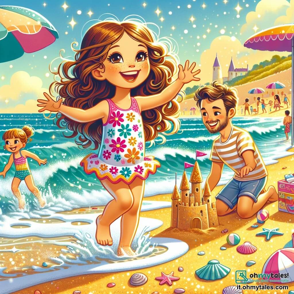 Una bambina di 4 anni, Sofia, con lunghi capelli ricci e un grande sorriso, sta saltando felicemente tra le onde del mare. Indossa un costume da bagno colorato con motivi floreali e occhiali da sole rosa, con le braccia alzate in segno di gioia. Accanto a lei, la mamma, una donna trentenne con capelli castani raccolti in uno chignon, sorride tenendo un ombrellone colorato, guardando la figlia con affetto. Un po' più in là, il papà, un uomo trentenne con una leggera barba e una maglietta a righe, è accovacciato mentre modella un castello di sabbia con torri e bandierine di carta. Il posto è una spiaggia soleggiata, con sabbia dorata che brilla al sole, conchiglie sparse e onde che si infrangono dolcemente sulla riva. Sullo sfondo si vedono ombrelloni colorati e famiglie che si divertono. La scena principale mostra Sofia che si diverte in acqua, ridendo, mentre i genitori la incoraggiano e partecipano alla costruzione di un magnifico castello di sabbia, creando un'immagine di felicità familiare e avventura estiva.