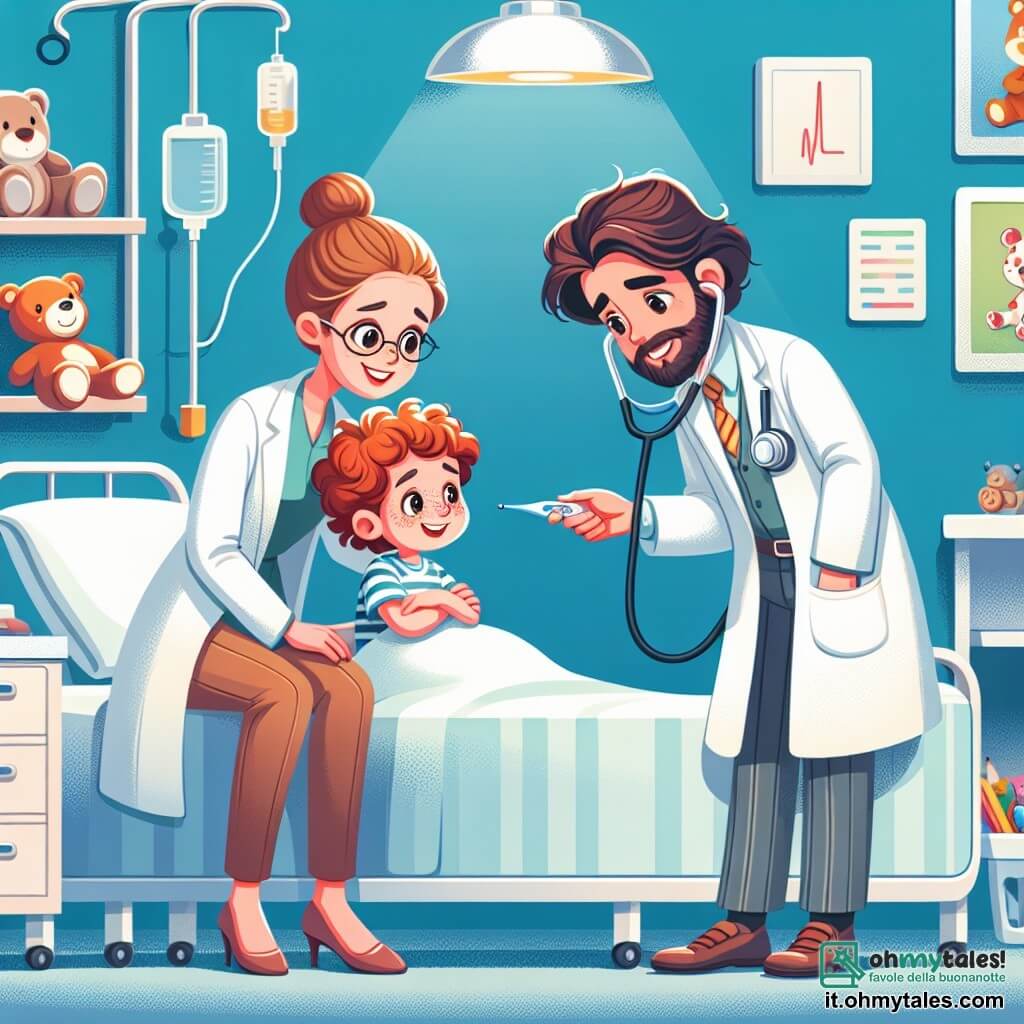 La scena mostra la dottoressa Allegra, una donna di circa trent'anni, con capelli ricci castani e un sorriso caloroso. Indossa un camice bianco e un stetoscopio al collo, inclinata con benevolenza verso un giovane ragazzo, Tommaso, che è sdraiato su un letto d'ospedale, con un'espressione di sollievo e gratitudine. Accanto a loro c'è Giulia, un'infermiera di circa 25 anni, con capelli rossi raccolti in uno chignon e occhiali. Sorride mentre tiene un termometro, pronta a misurare la temperatura di Tommaso. Un po' più lontano, il dottor Lorenzo, un uomo di circa quarant'anni con capelli brizzolati e una barba curata, consulta cartelle cliniche, concentrato. La scena si svolge in una stanza d'ospedale luminosa, con pareti dipinte di azzurro chiaro, poster colorati di disegni di animali e giocattoli sparsi su uno scaffale. Una grande finestra lascia entrare la luce del sole, illuminando la stanza e creando un'atmosfera calda e rassicurante. La situazione principale mostra Allegra che spiega a Tommaso il trattamento che riceverà, con un'aria rassicurante, mentre Giulia lo incoraggia con un sorriso amichevole. L'insieme trasmette un'atmosfera di cura, compassione e speranza, illustrando l'importanza del lavoro di squadra nel campo medico.
