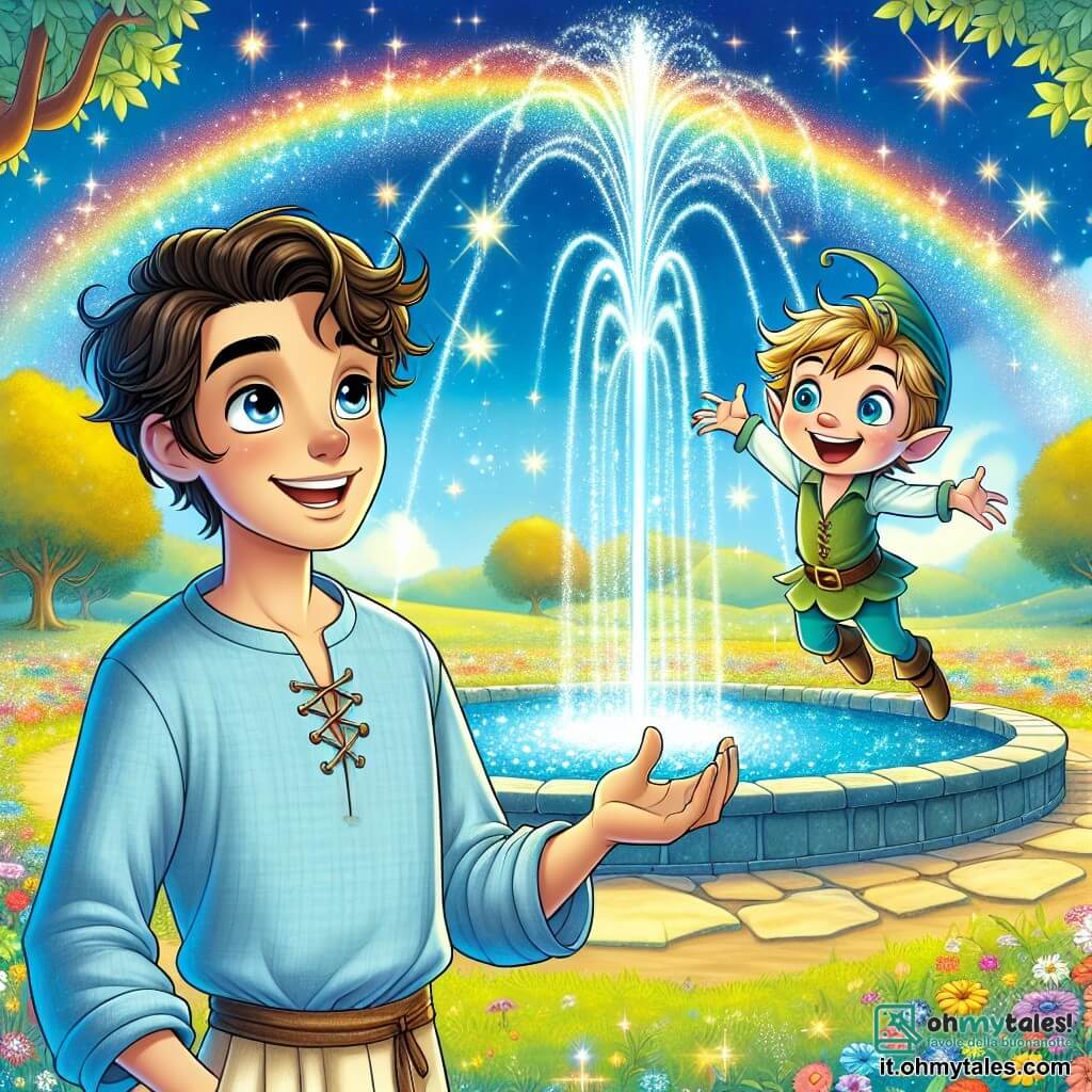 Al centro dell'immagine, Marco, un giovane di circa 20 anni, sorride con meraviglia. Ha capelli castani leggermente ondulati, occhi curiosi e indossa una tunica semplice in lino blu e pantaloni beige. Marco osserva una fontana magica, con le mani tese verso l'acqua scintillante che sprizza in arcobaleno. Accanto a lui, Lino, un folletto dispettoso di circa 10 anni, con capelli verdi disordinati e occhi brillanti, fluttua nell'aria. Indossa un cappello a punta e una tunica colorata, sorridendo mentre mostra la fontana a Marco. Il paesaggio è incantevole, con prati fioriti, alberi dalle foglie dorate e un cielo azzurro con nuvole argentate. La fontana, circondata da pietre preziose, crea un'atmosfera magica, mentre le gocce d'acqua formano immagini di sogni e avventure, simboleggiando la scoperta di sé e la magia dentro ognuno di noi.