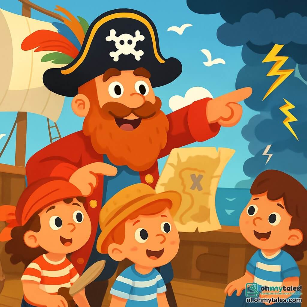 Een man, Kapitein Snorbaard, staat in het midden van de afbeelding, met een grote, volle baard en een piratenhoed versierd met kleurrijke veren. Hij heeft een ondeugende glimlach en sprankelende ogen van opwinding. In zijn ene hand houdt hij een schatkaart en met de andere wijst hij naar de horizon, alsof hij een geheim onthult. Rondom hem luisteren verschillende kleine piratenkinderen, tussen de 6 en 8 jaar oud, aandachtig. Een meisje met krullend haar draagt een rode bandana en houdt een klein houten zwaard vast, terwijl een jongen met een strohoed met sproeten naar de kaart kijkt met verwondering. Ze zitten op het dek van het schip, omringd door vaten en touwen. De locatie is een groot piratenschip, met witte zeilen die in de wind wapperen en glinsterende golven onder een blauwe, zonnige lucht. Meeuwen vliegen boven hen, wat bijdraagt aan de maritieme sfeer. De hoofdscène toont Kapitein Snorbaard die een spannend avontuur vertelt, terwijl er een storm aan de horizon nadert, met donkere wolken en bliksem, wat een zowel opwindende als enigszins onheilspellende sfeer creëert.