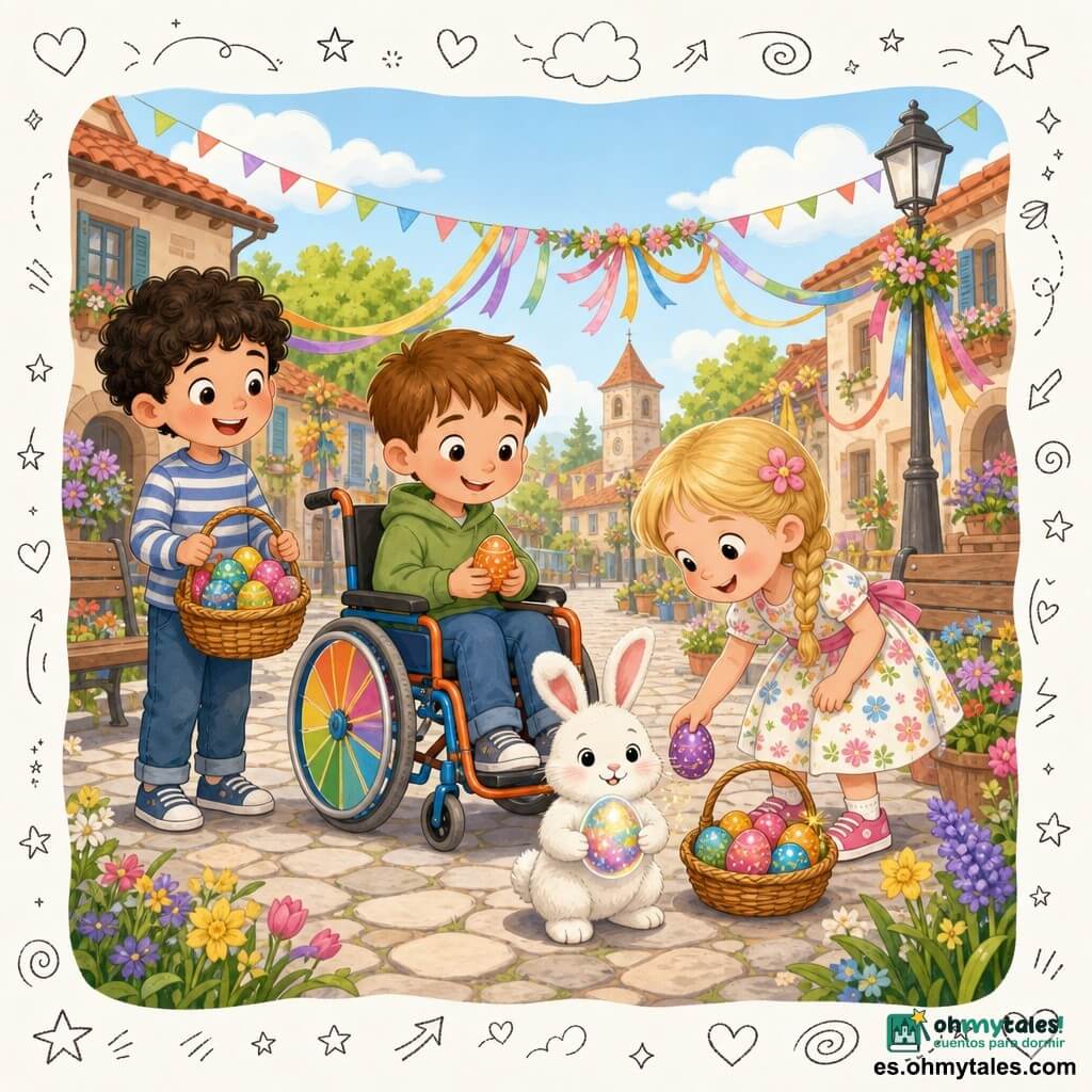 Cuatro personajes: Lucas, niño de unos 7 años, pelo castaño corto, sonriente, en una silla de ruedas colorida centro-izquierda mostrando un huevo de Pascua naranja brillante; Clara, niña de unos 6 años, rubia con trenzas y vestido de flores, a la derecha de Lucas dejando un huevo pintado; Mateo, niño de unos 8 años, pelo negro rizado y camiseta a rayas, a la izquierda riendo y con una cesta de huevos; y un pequeño conejito blanco delante, centro, ofreciendo un huevo mágico brillante. Escena en una plaza adoquinada del pueblo con guirnaldas, flores primaverales, bancos, luz suave y cielo azul con nubes estilo doodle; los niños y el conejo reparten huevos de Pascua coloridos, ambiente alegre, colores vivos y detalles doodle (huevos, estrellas y corazones).
