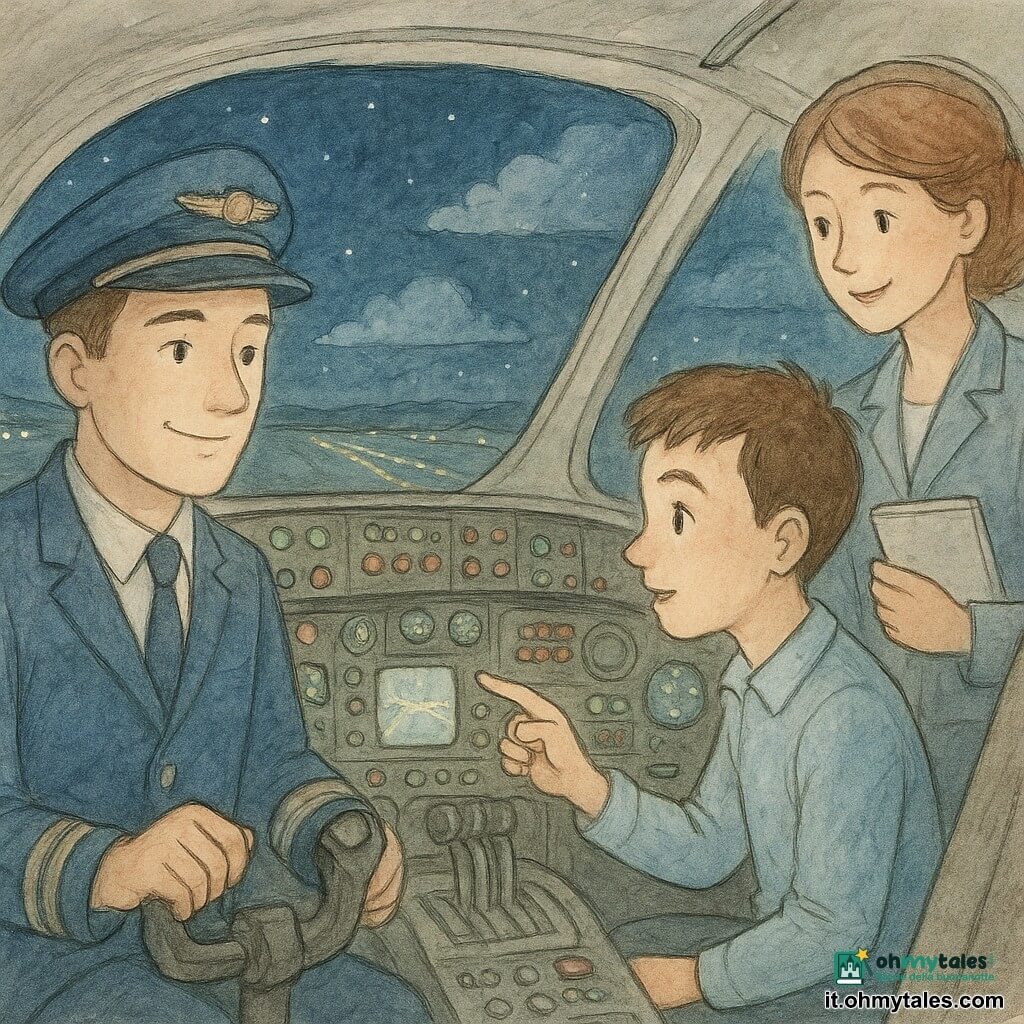 Uomo pilota di circa 35 anni, viso calmo e sorridente, occhi vivaci, cappellino da pilota, giacca blu, mano sulla manetta nel cockpit; copilota uomo di circa 28 anni, capelli corti, sguardo attento verso gli strumenti, seduto a destra e indicando un piccolo schermo; hostess di circa 30 anni, capelli curati, sorriso dolce, in piedi dietro la porta del cockpit con un taccuino, che guarda il pilota; cockpit dettagliato con pannelli luminosi verdi e rossi, pulsanti rotondi, schermi con carte, leve metalliche e grandi finestre arrotondate; fuori notte stellata con pista lontana illuminata da linee gialle e bianche e nuvole morbide in blu profondo e riflessi argentati; situazione: aereo che vola tranquillo di notte, equipaggio che prepara l'atterraggio con calma e lavoro di squadra, atmosfera rassicurante e calda.
