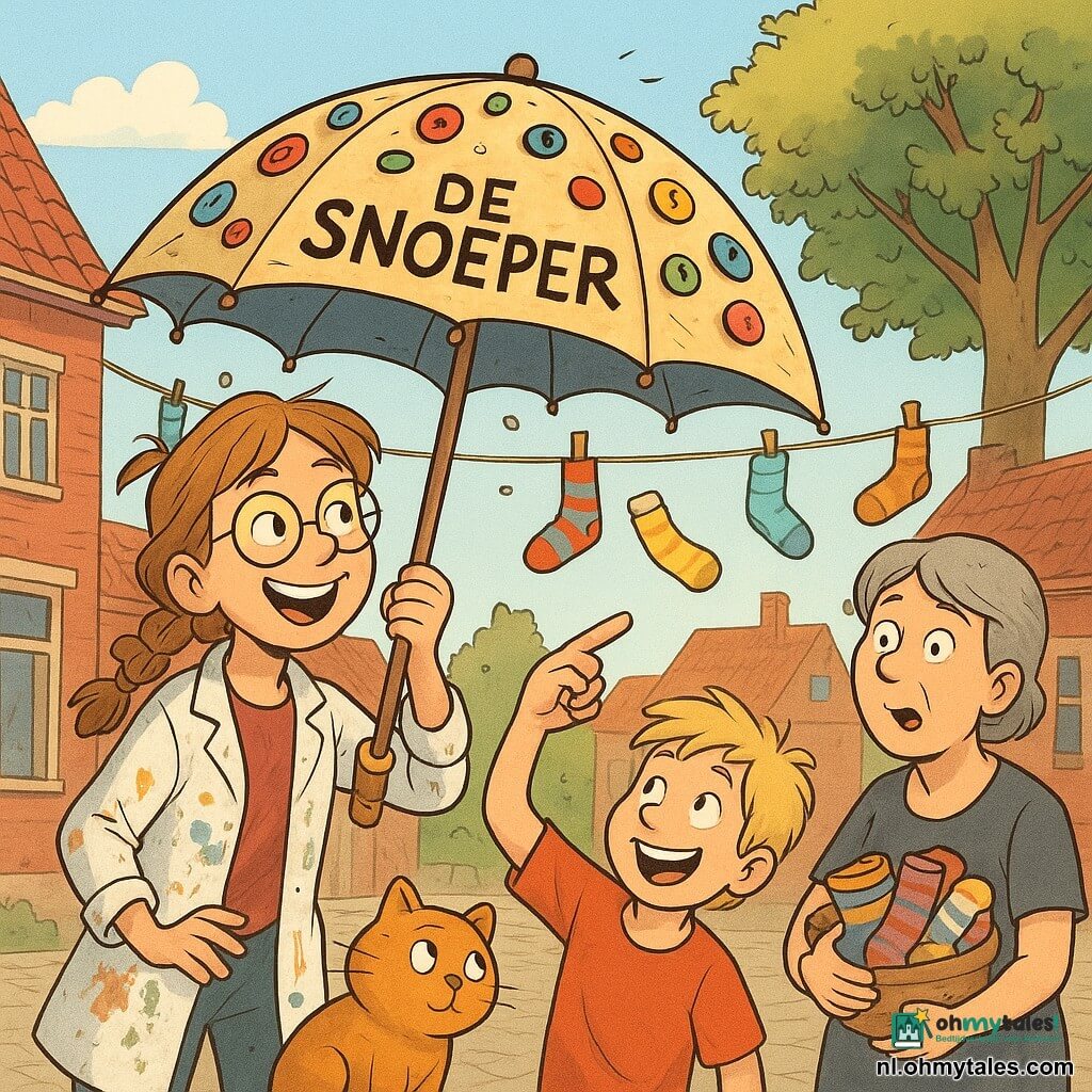 Lina, een jonge uitvindster, glimlachend en guitig, lichtbruin haar in een rommelige vlecht, ronde bril, verf- en lijmvlekken op haar schort, houdt een grote zelfgemaakte paraplu "De Snoeper" met kleurrijke knopen en een klein muziekdoosje open alsof ze iets uit de lucht vangt; links van haar een ongeveer 8-jarige jongen met blonde ruige haren en een ijsje wijst lachend naar de paraplu bij een waslijn, rechts een buurvrouw Noor, ongeveer 40, kort grijs haar en eenvoudige kleding, houdt een stapel verschillende sokken en kijkt verbaasd; op de voorgrond de kleine oranje kat Bol op een houten kist met opgerolde staart kijkt nieuwsgierig; het dorpsplein met zachte zon, rode bakstenen huizen, wapperende kleurrijke sokken aan waslijnen, een grote linde en geplaveide straat vormen de achtergrond terwijl de muzikale paraplu sokken aantrekt die als parachutes omlaag zweven naar Lina, de dorpelingen tonen verrassing en vreugde, warme sfeer, felle kleuren en licht karikaturale lijnen.